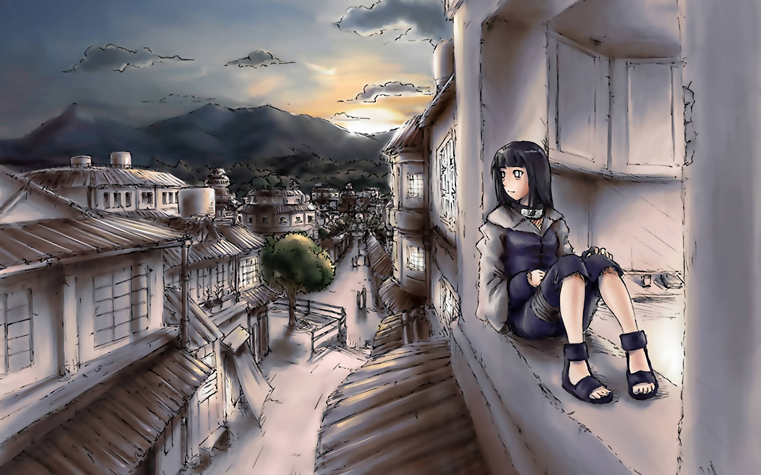 Hinata Hyuga, rooftop ledge, quiet village, 2K Desktop Wallpaper