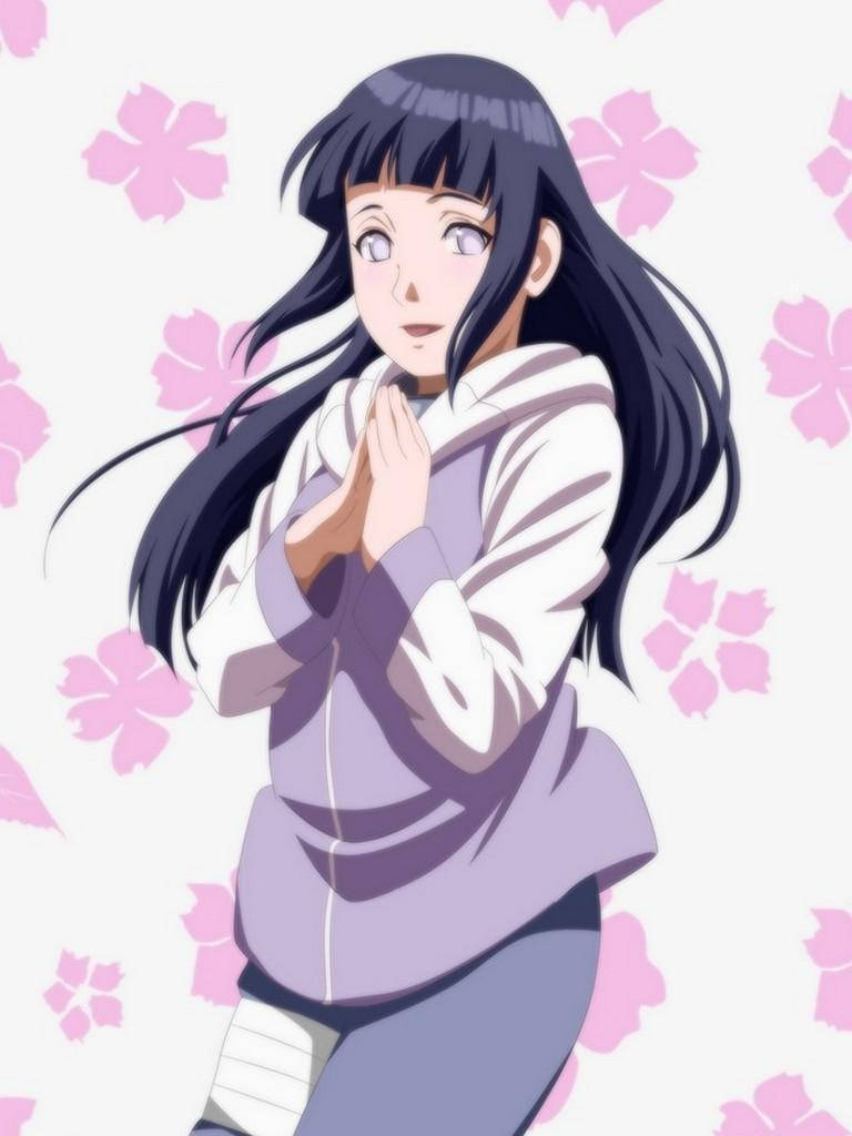 Hinata Hyuga, pink cherry blossom background, long black hair, SD Phone Wallpaper
