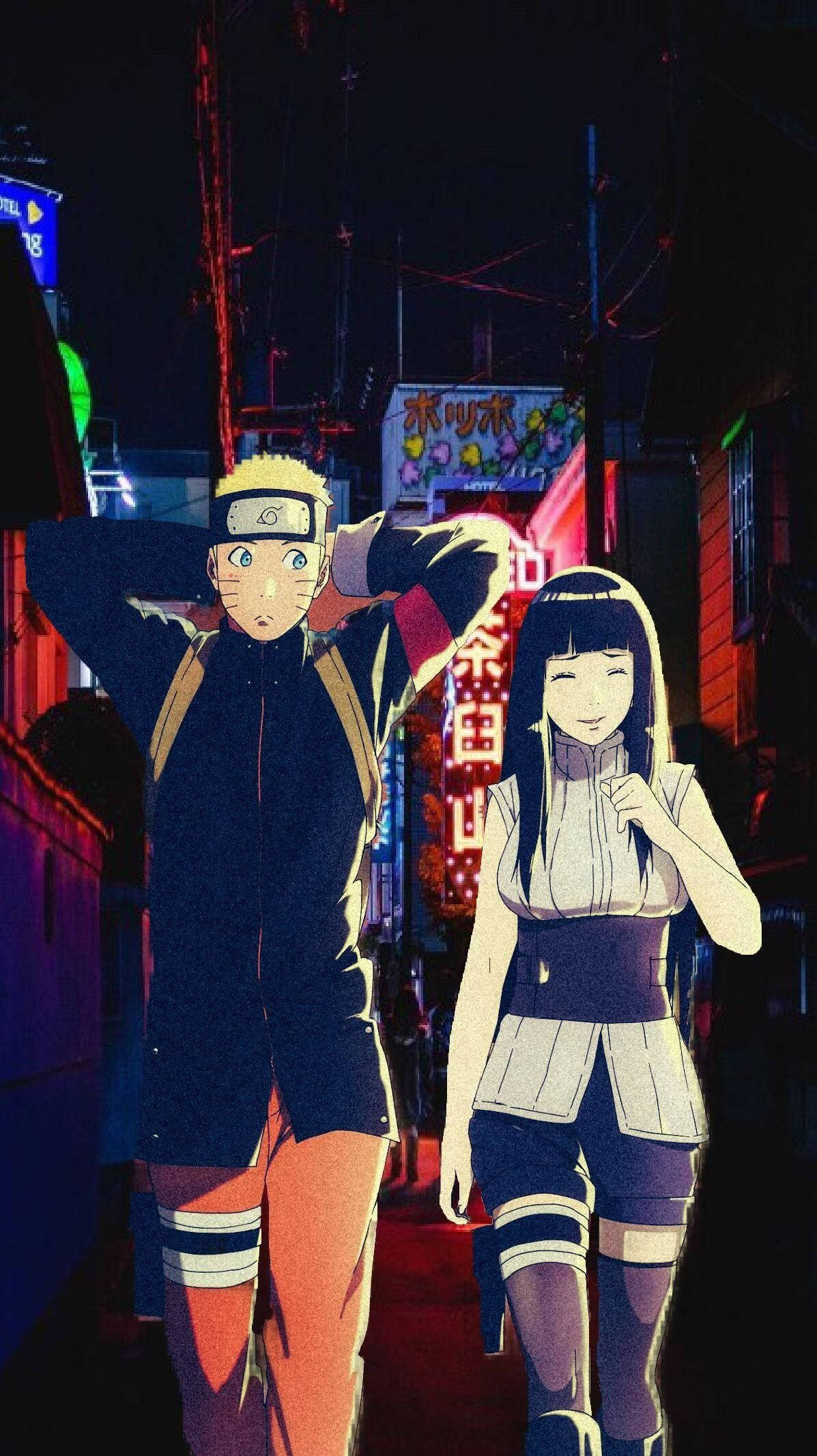 Hinata Hyuga, Hidden Leaf Village, neon-lit Japanese alley, Full HD Phone Wallpaper
