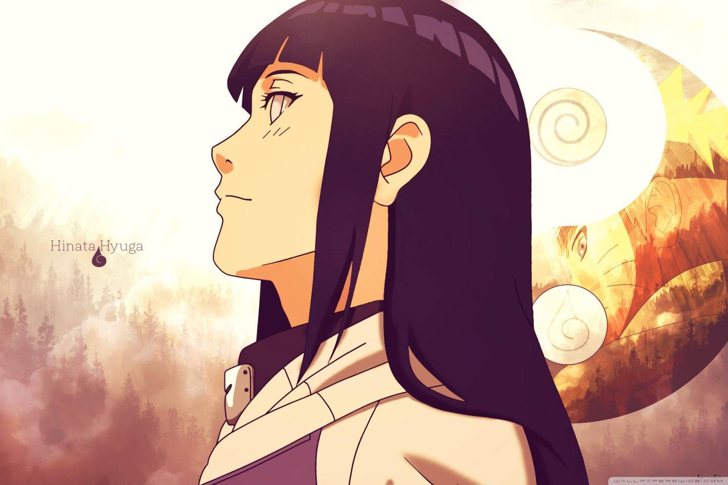 Hinata Hyuga, profile, warm glowing forest backdrop, HD Desktop Wallpaper