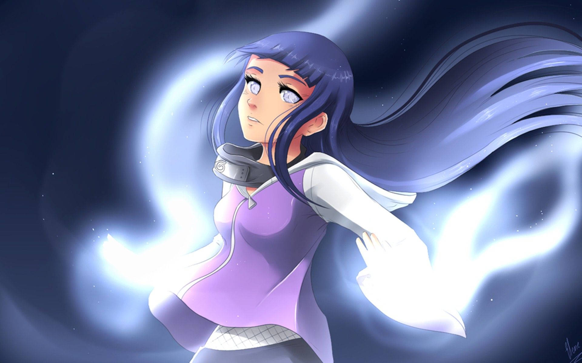 Hinata Hyuga, purple hair, glowing blue chakra swirls, Full HD Desktop Wallpaper