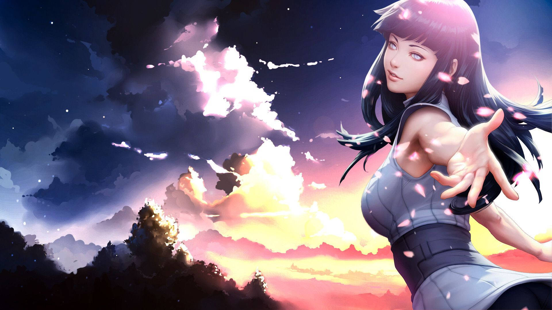Hinata Hyuga, twilight sky, glowing clouds, Full HD Desktop Wallpaper