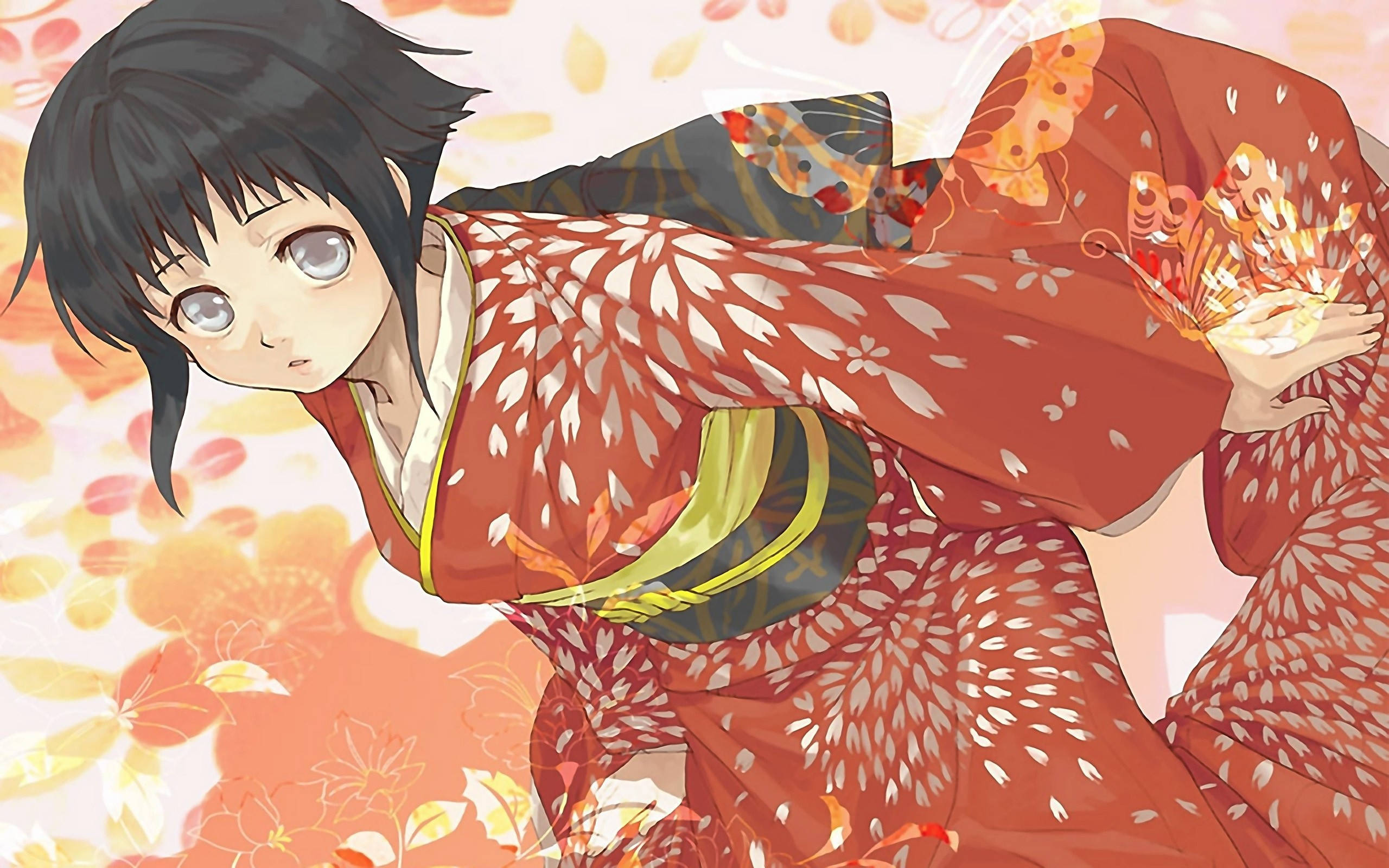 Hinata Hyuga, red yukata, white leaf patterns, 2K Desktop Wallpaper
