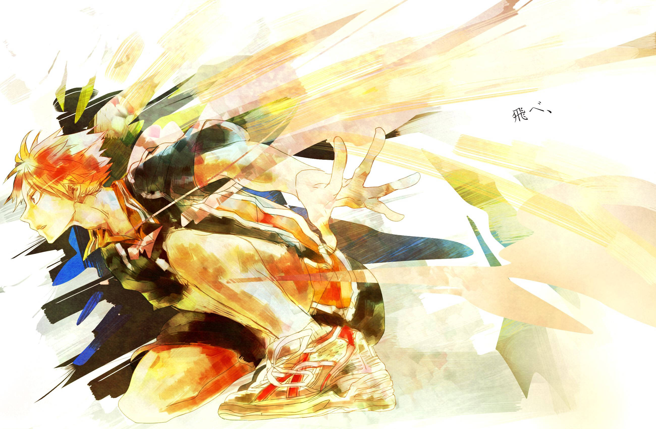 Hinata Shouyou, fiery orange hair, warm golden and yellow brushstrokes, 2K Desktop Wallpaper
