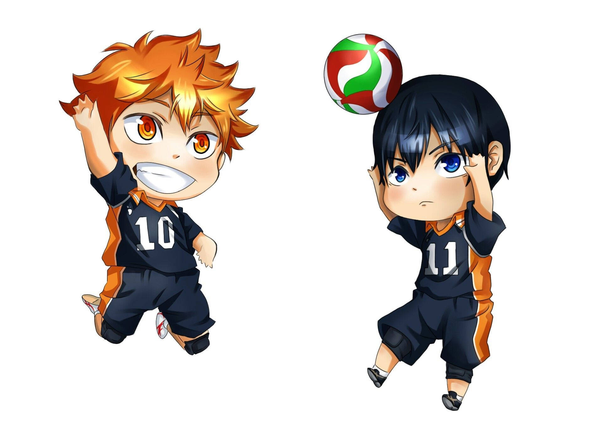 Hinata Shouyou, chibi anime volleyball players, dark blue and orange uniforms, Full HD Desktop Wallpaper