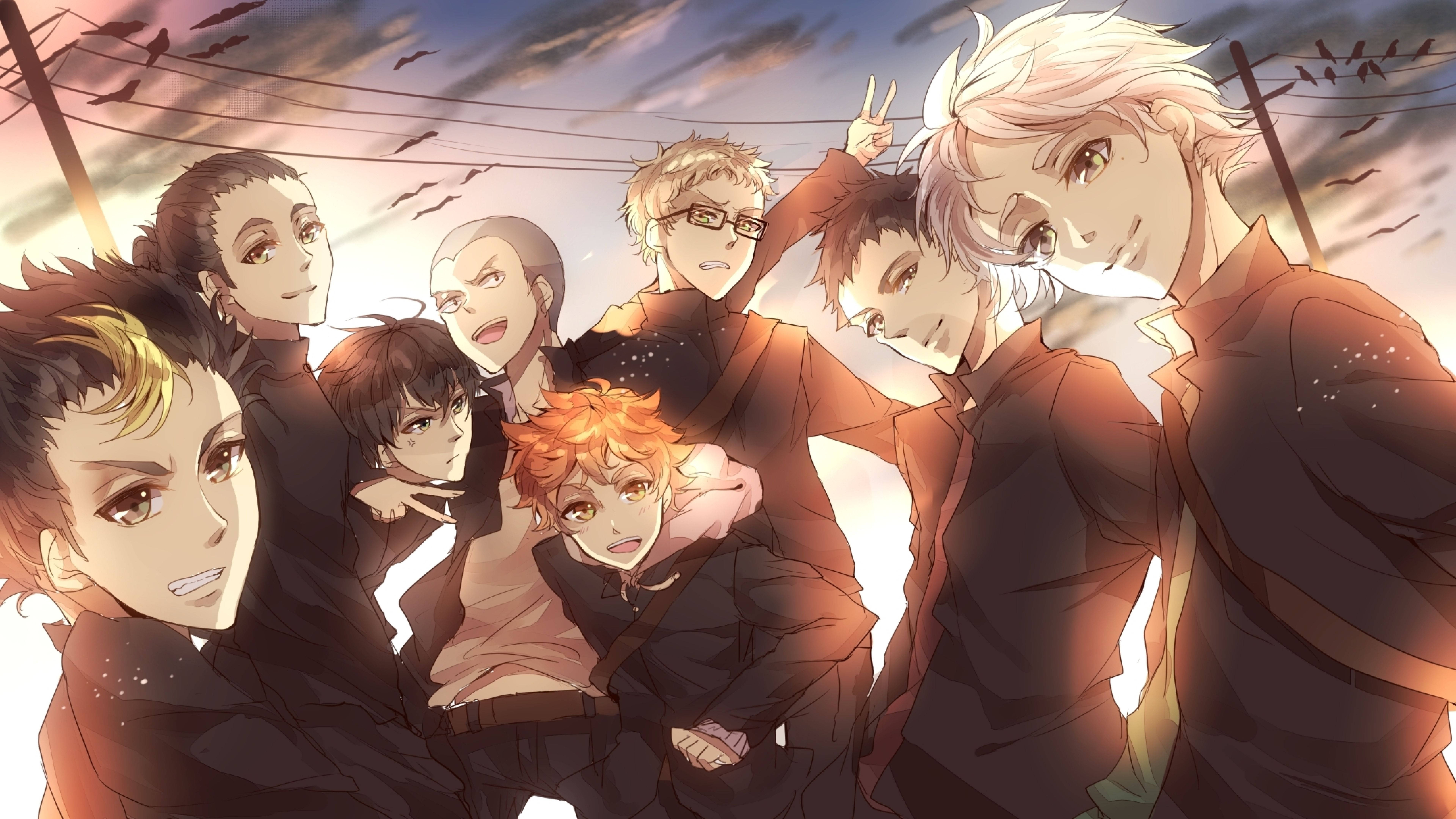 Hinata Shouyou, twilight sky, birds flying overhead, 8K Desktop Wallpaper