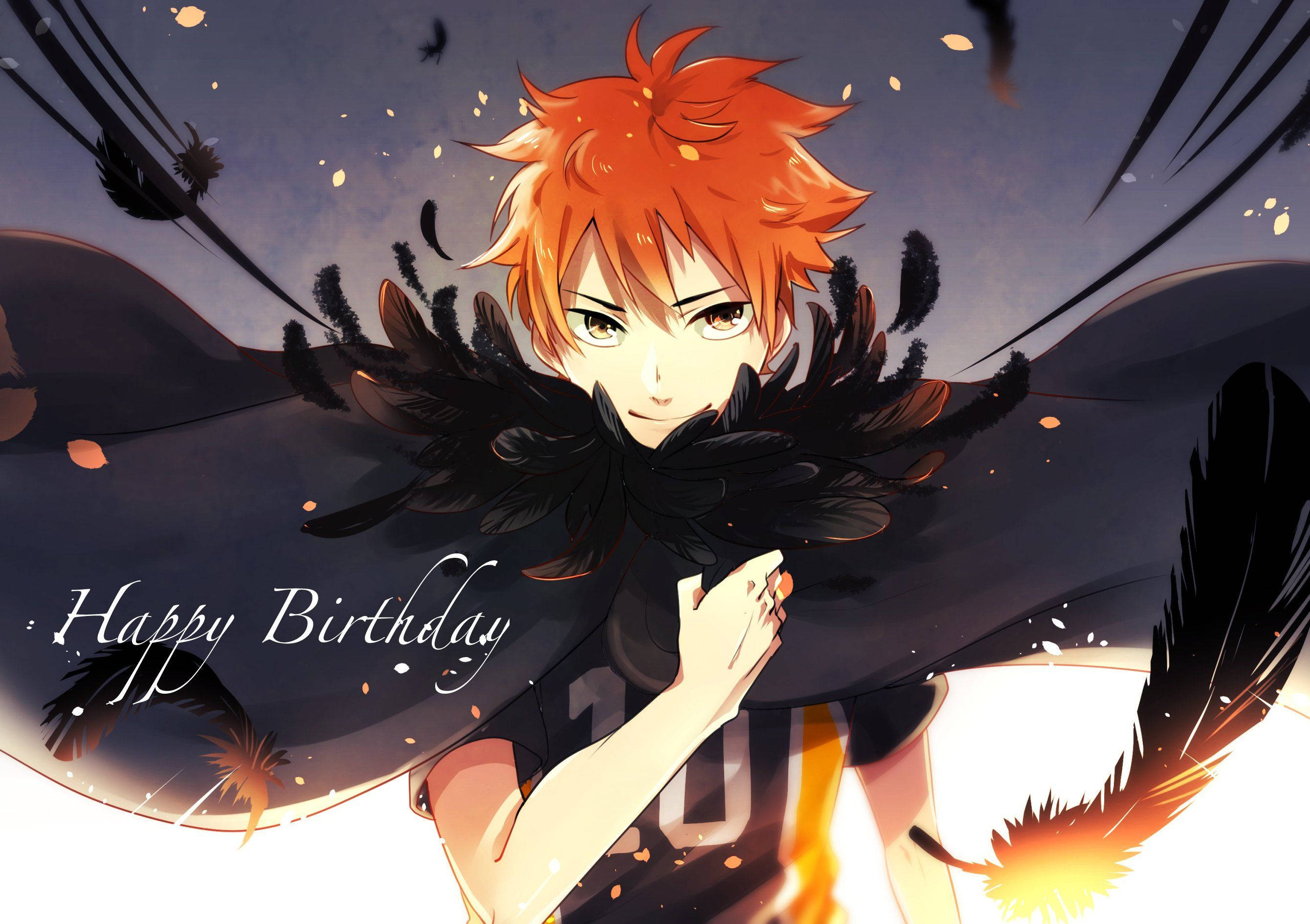 Hinata Shouyou, fiery orange hair, black feathered cloak, 2K Desktop Wallpaper