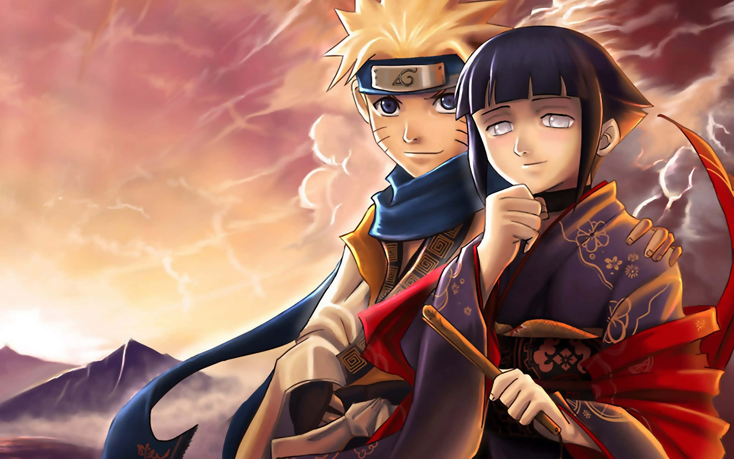 Hinata Uzumaki, dramatic sunset sky, mountains, 2K Desktop Wallpaper