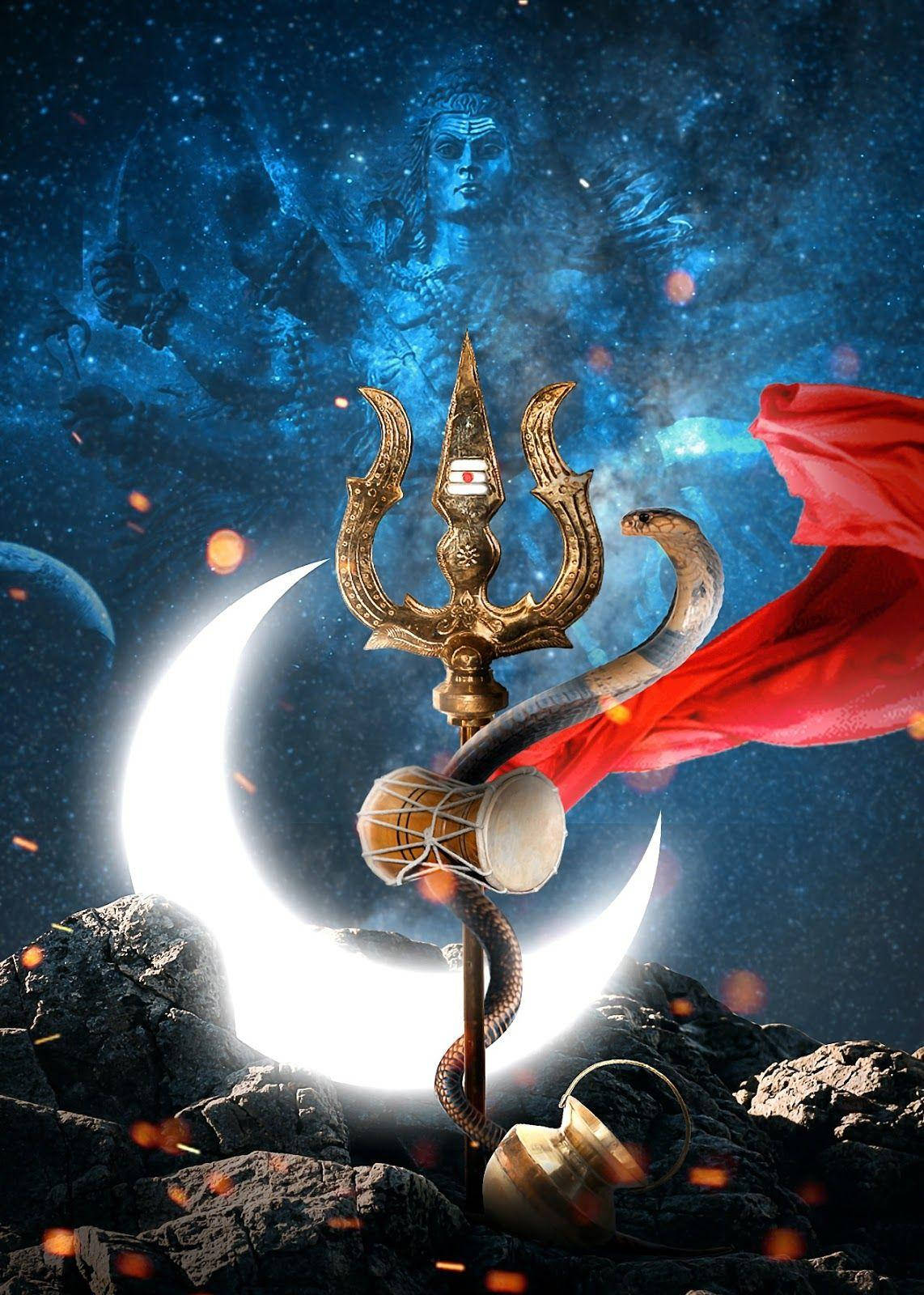 golden trident, snake Vasuki, glowing crescent moon, HD Phone Wallpaper