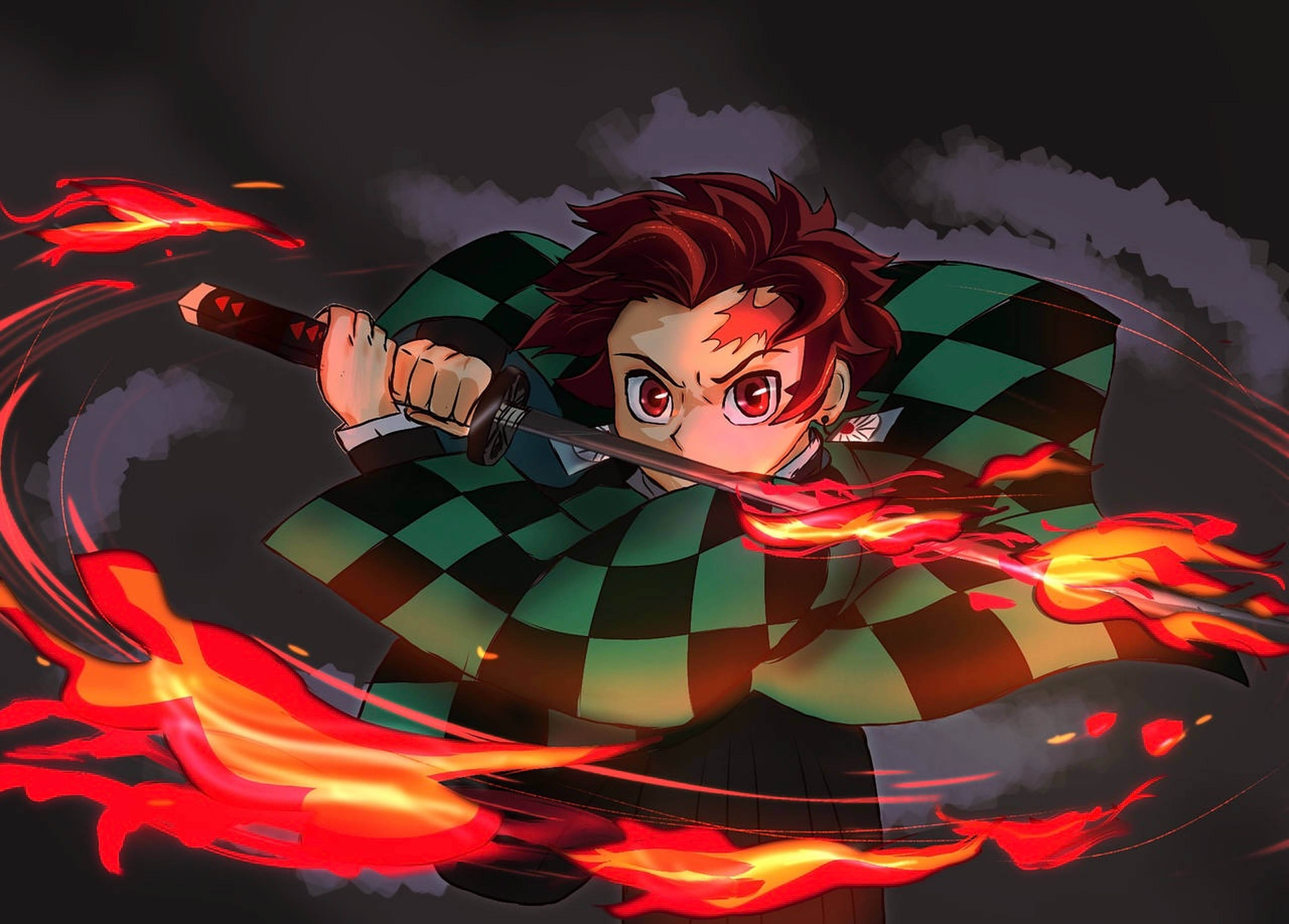Hinokami Kagura, red hair, checkered cloak, 2K Desktop Wallpaper