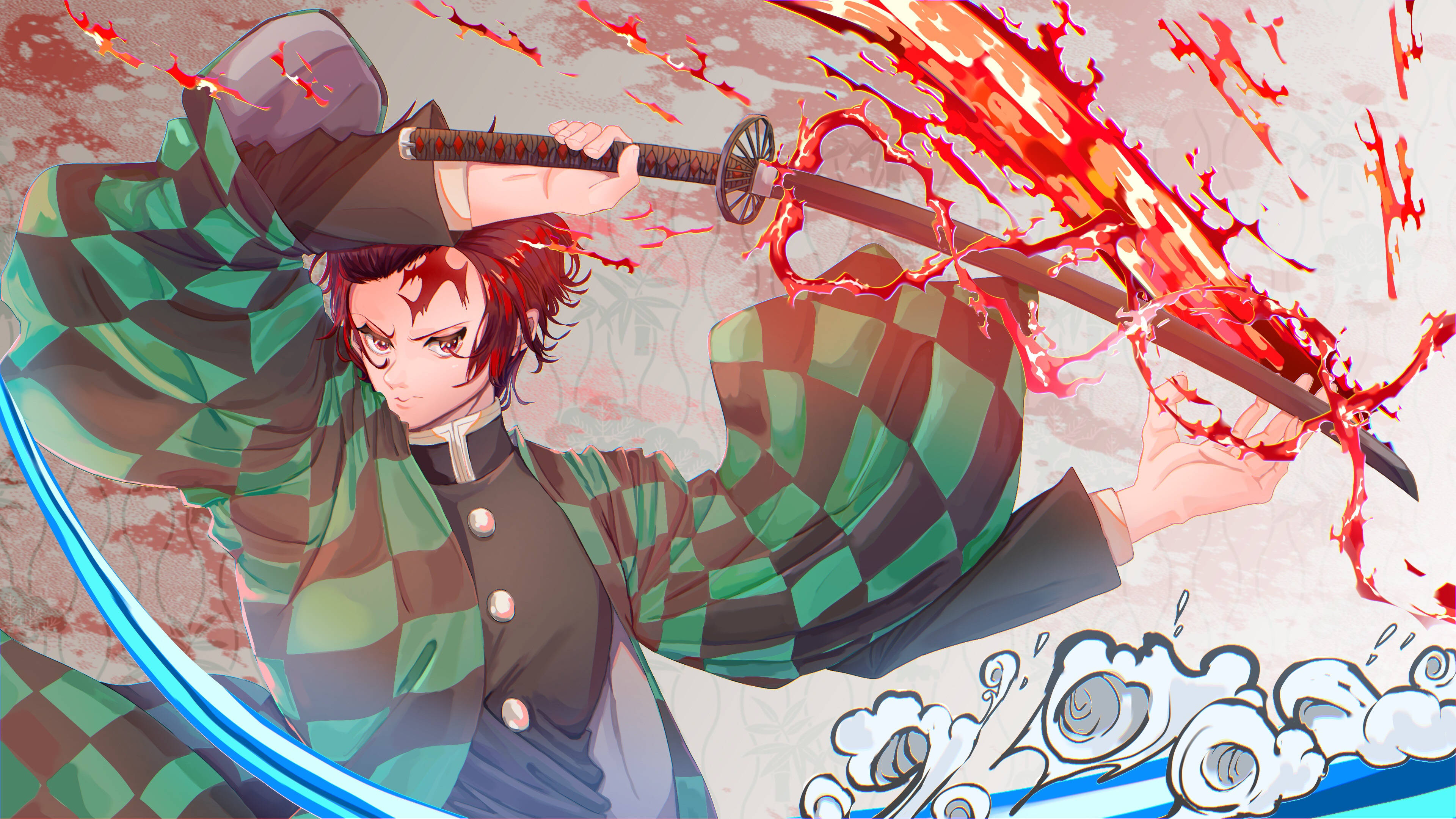 Hinokami Kagura, green checkered kimono, glowing sword, 4K Desktop Wallpaper