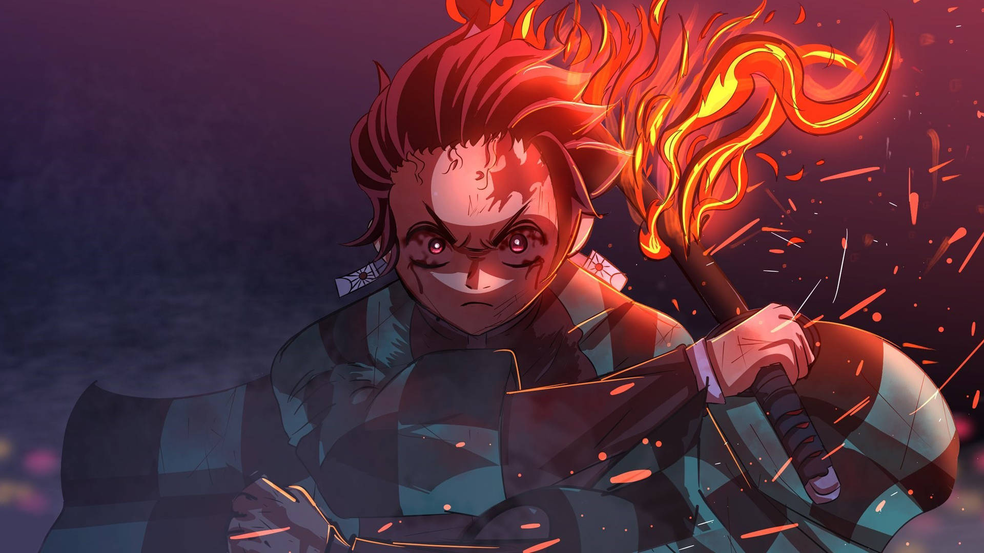 Hinokami Kagura, blazing katana, fiery-haired anime warrior, Full HD Desktop Wallpaper