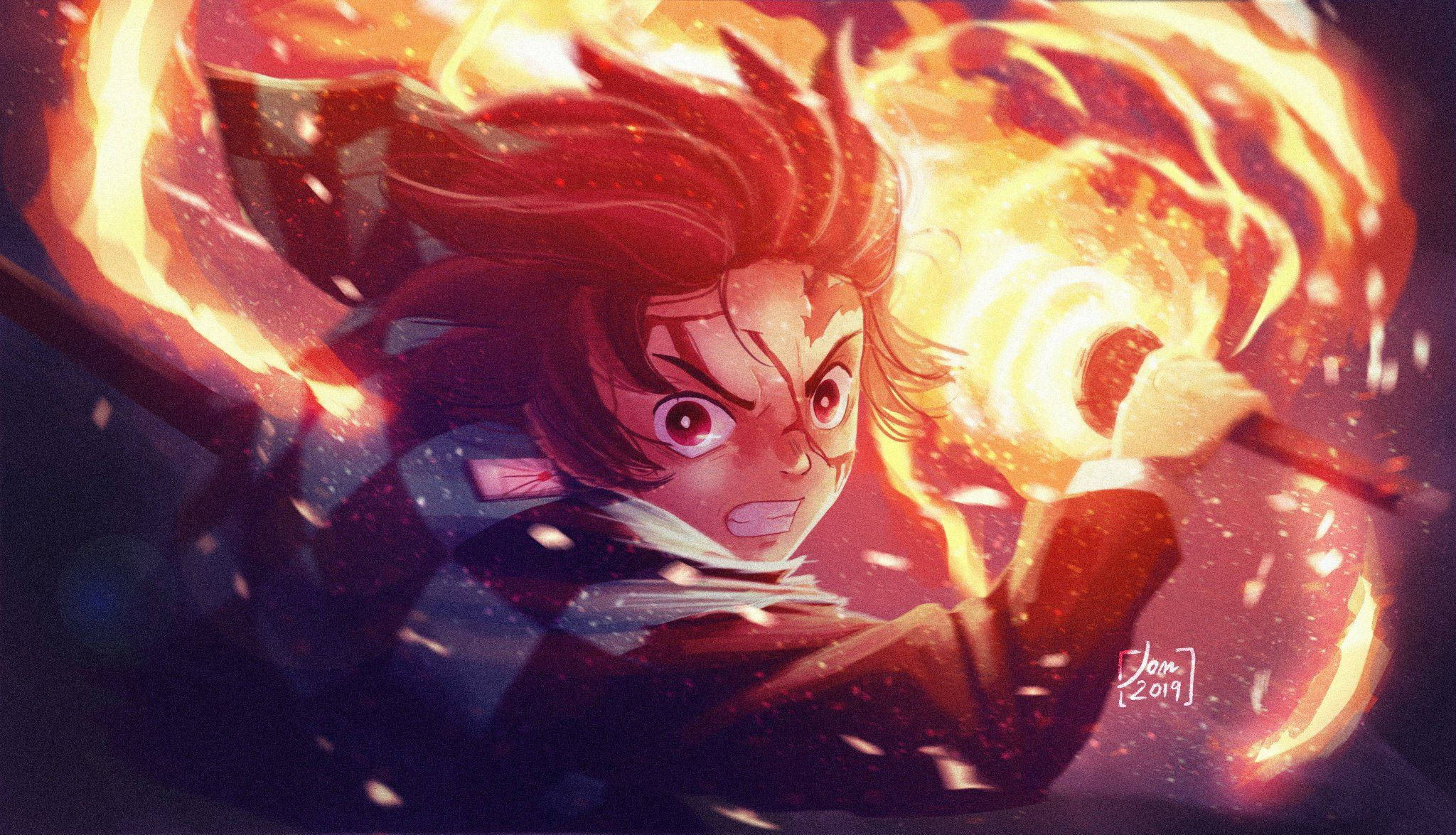 Hinokami Kagura, fiery-haired anime warrior, blazing sword, Full HD Desktop Wallpaper