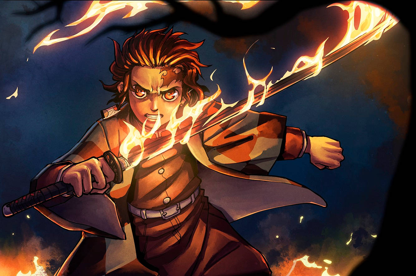 Hinokami Kagura, flaming katana, fiery-haired anime warrior, HD Desktop Wallpaper