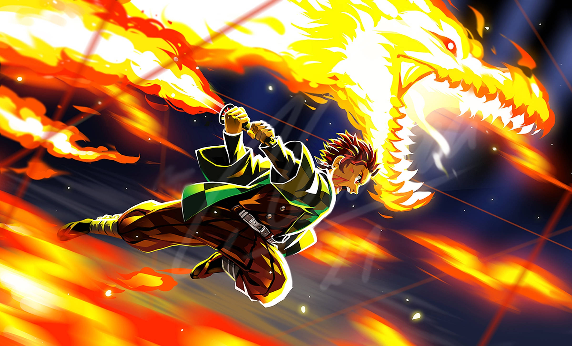 Hinokami Kagura, fire dragon, flaming sword, Full HD Desktop Wallpaper