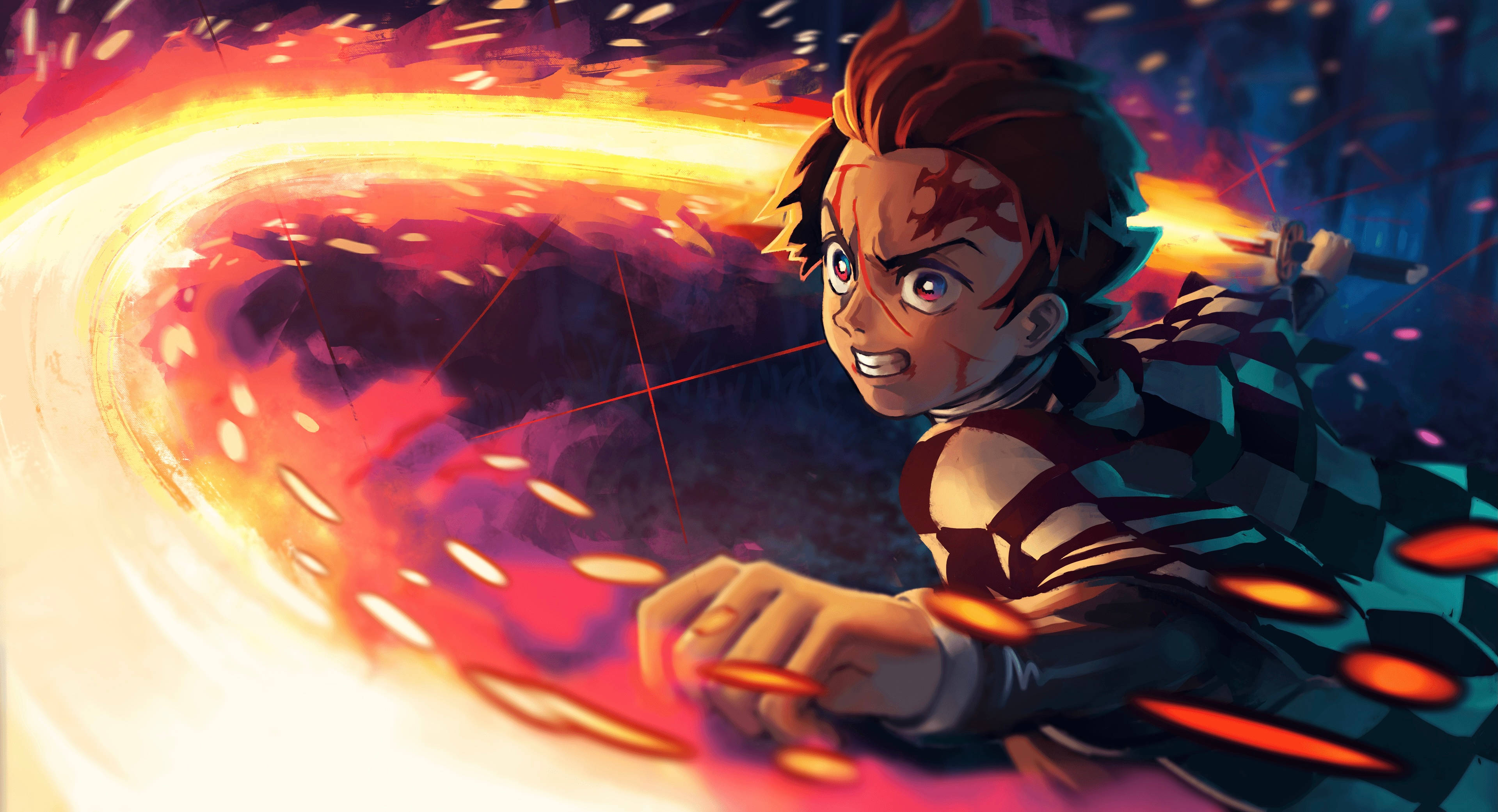 Hinokami Kagura, fiery red hair, blazing orange energy slash, 2K Desktop Wallpaper