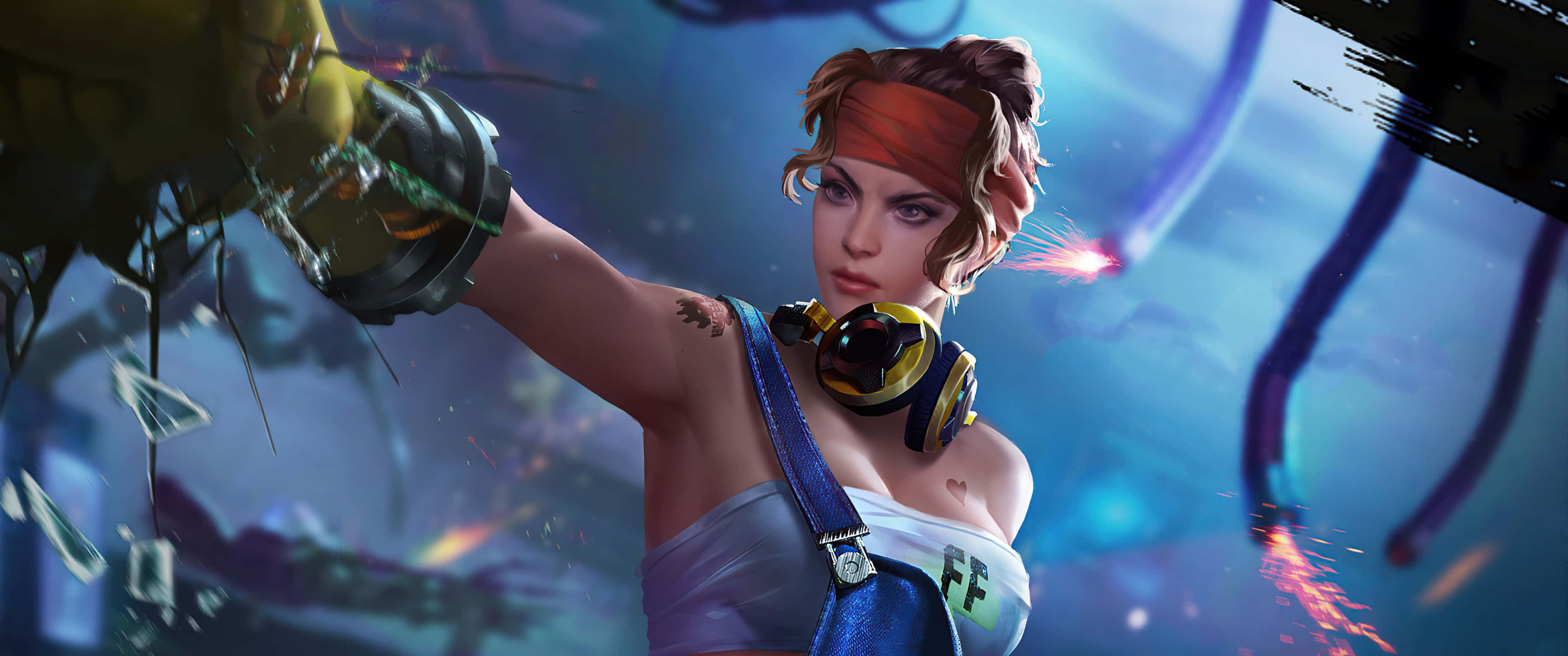 Hip Hop Free Fire, futuristic setting, glowing gauntlet, 2K Desktop Wallpaper
