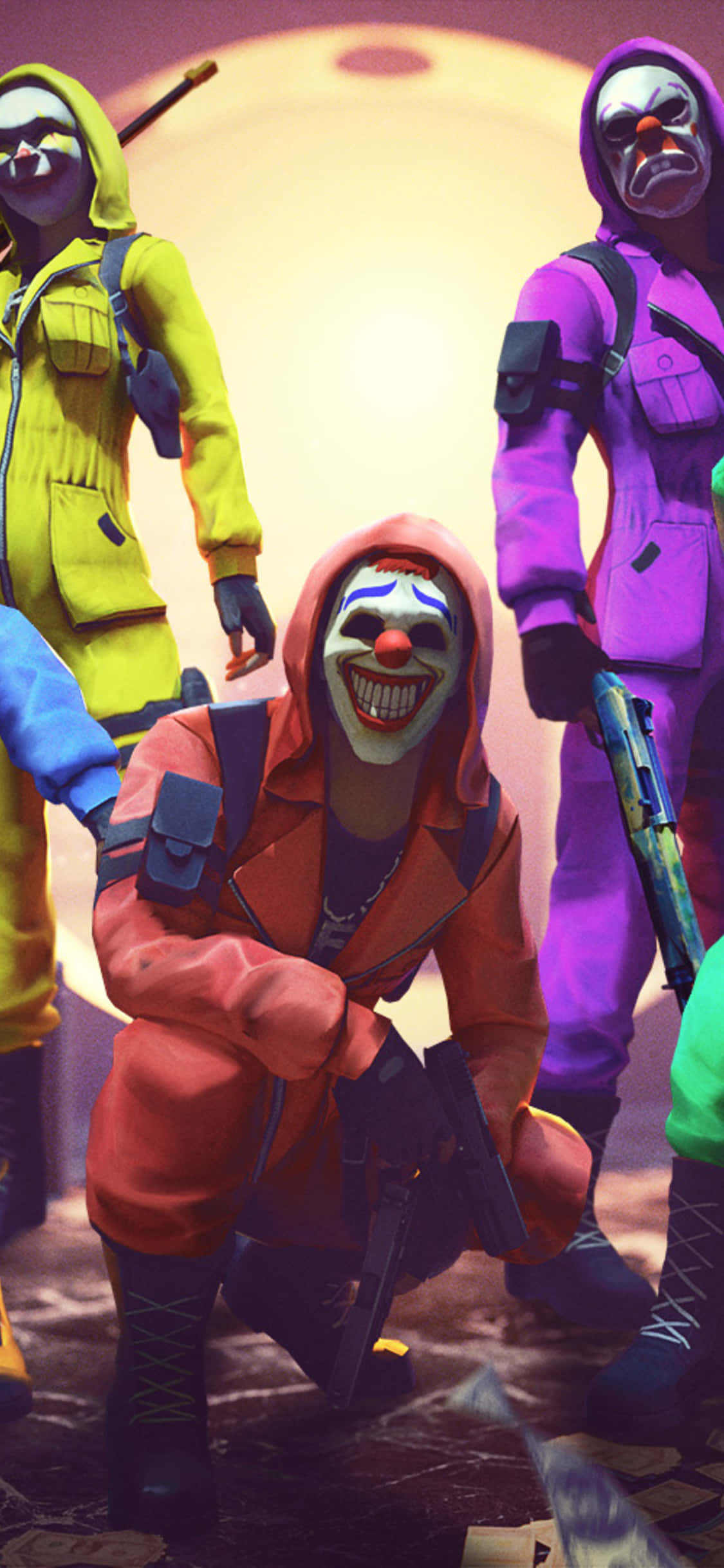 Hip Hop Free Fire, clown figures, colorful hooded jumpsuits, Full HD Phone Wallpaper
