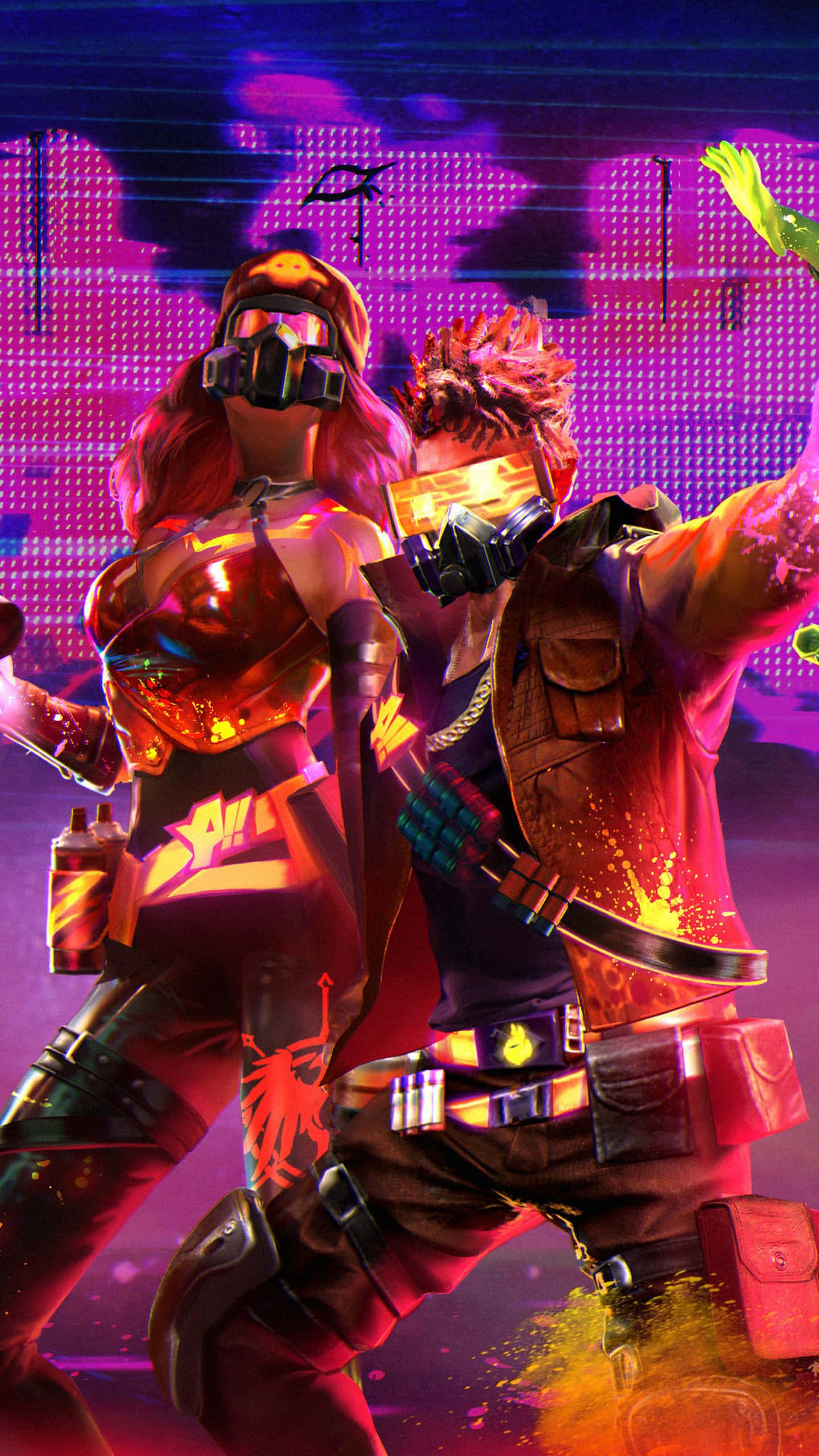 neon-drenched, graffiti artists, vibrant cyberpunk wall, 2K Phone Wallpaper