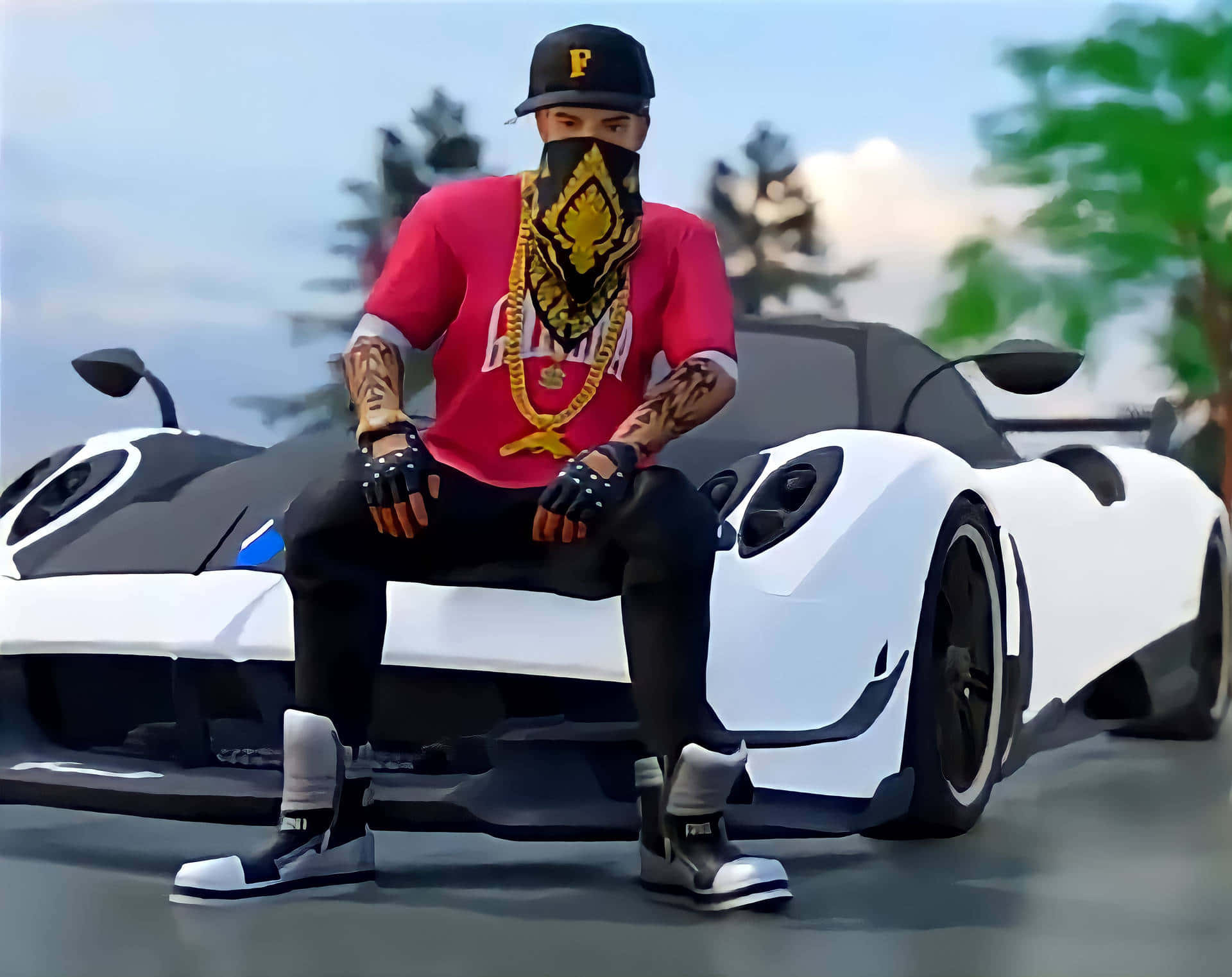 Hip Hop Free Fire, red shirt, gold chains, Full HD Desktop Wallpaper