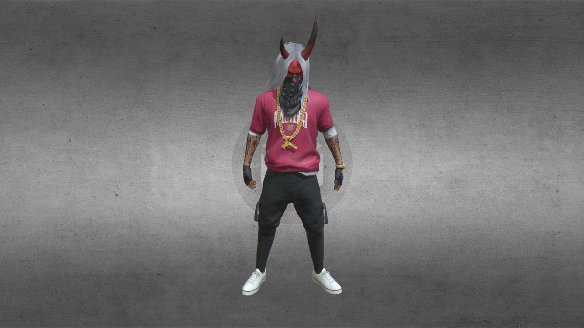 Hip Hop Free Fire, red shirt, devil mask, Full HD Desktop Wallpaper