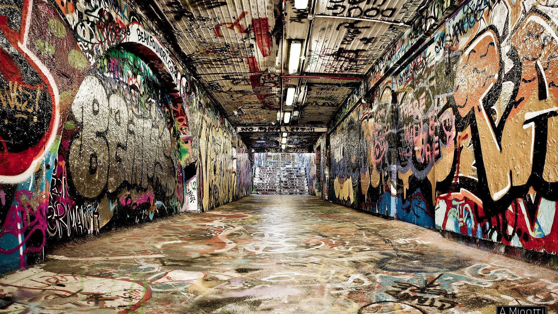 underground tunnel, graffiti, vibrant tags, Full HD Desktop Wallpaper