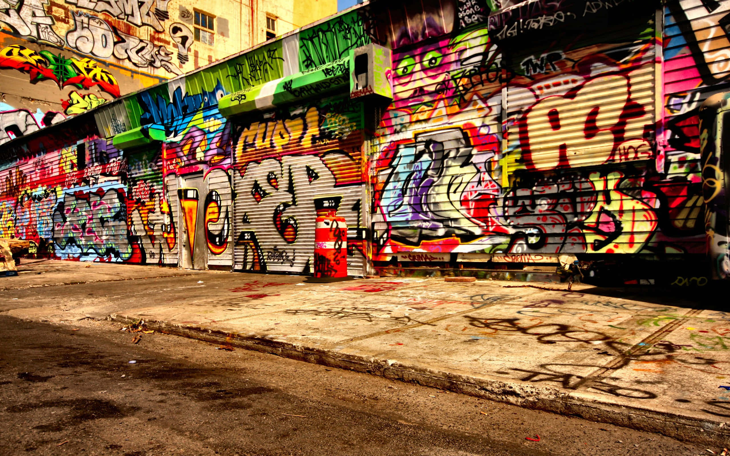 graffiti art, metal shutters, urban alleyway, 2K Desktop Wallpaper