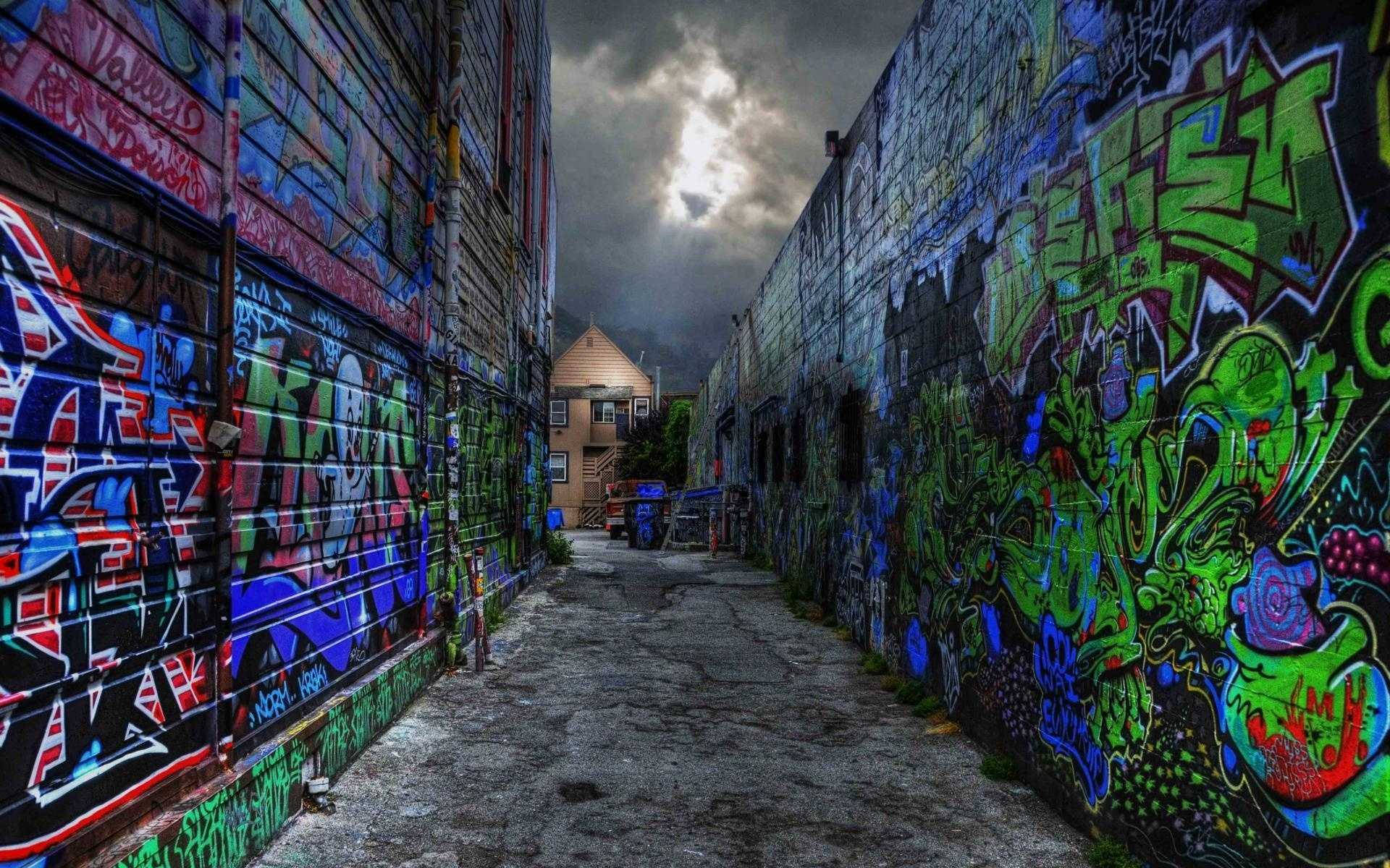 Hip Hop Graffiti, narrow alleyway, walls covered in vibrant graffiti, Full HD Desktop Wallpaper