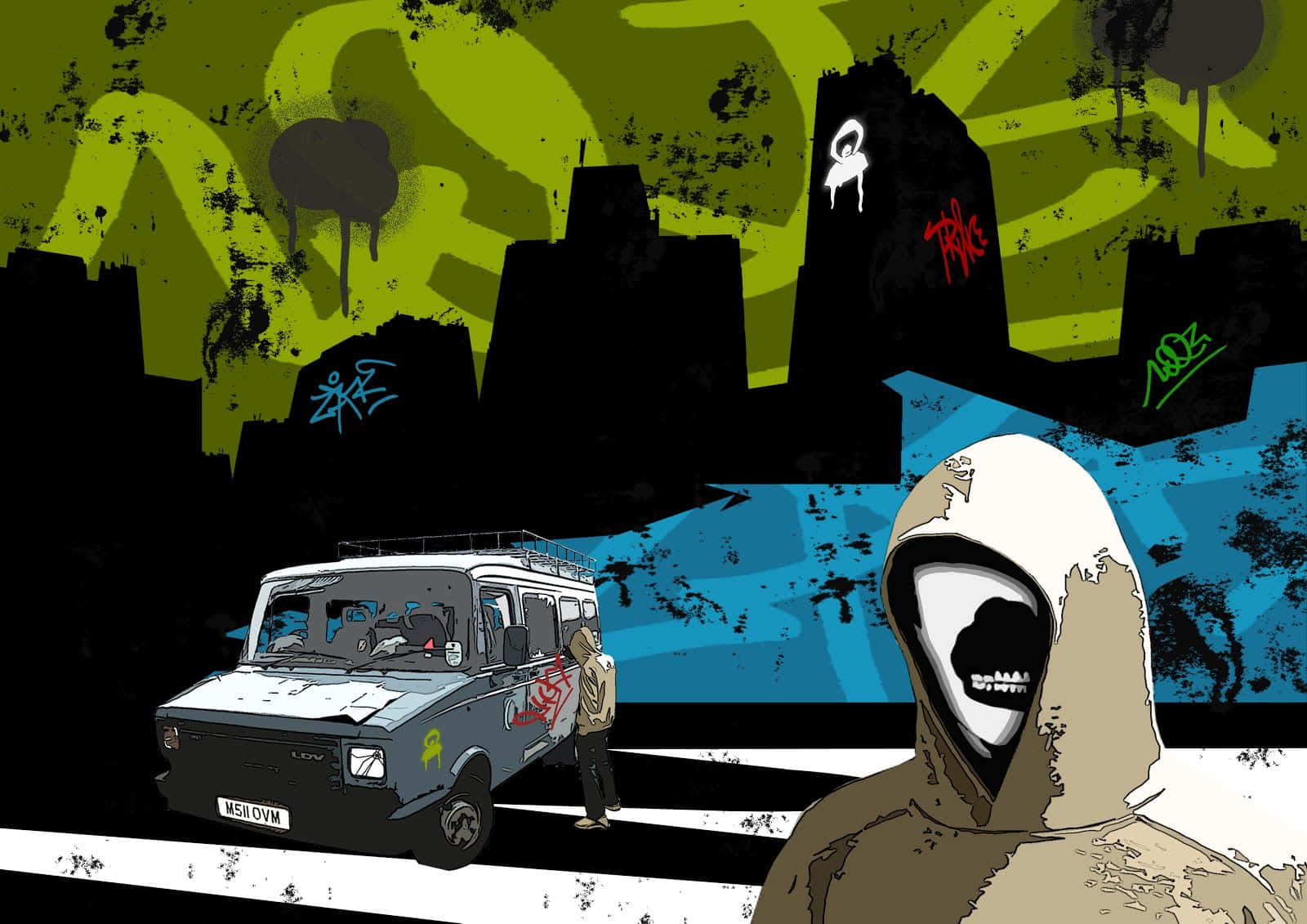 Graffiti Desktop, hooded figure, skull face, HD Desktop Wallpaper