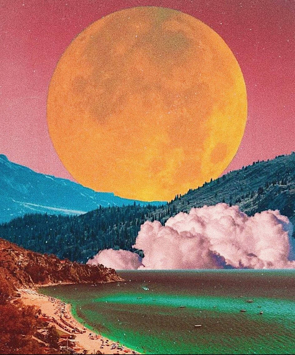 Hippie Aesthetic Laptop, orange moon, teal lake, SD Phone Wallpaper