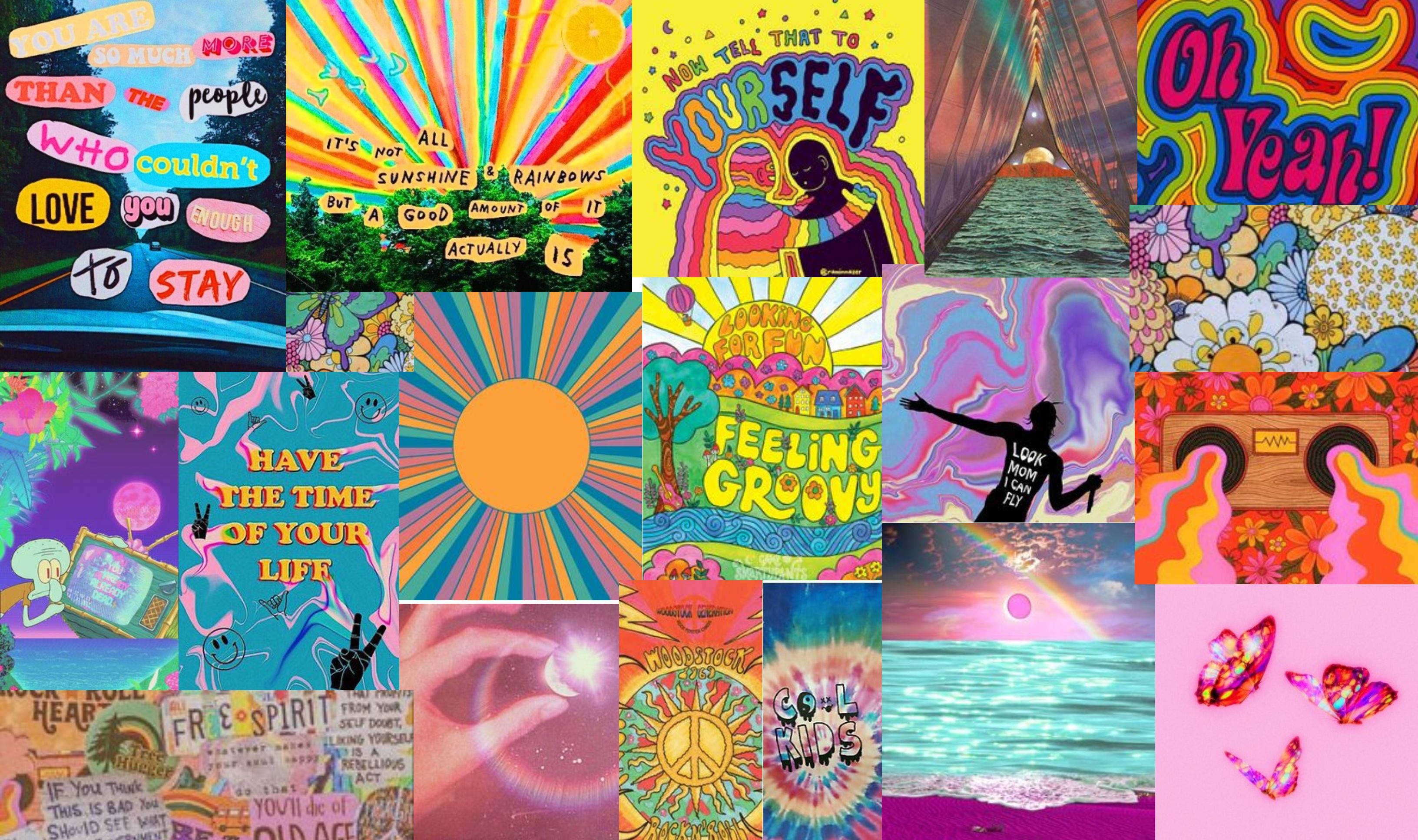hippie aesthetic laptop, psychedelic collage, retro 70s posters, 2K Desktop Wallpaper