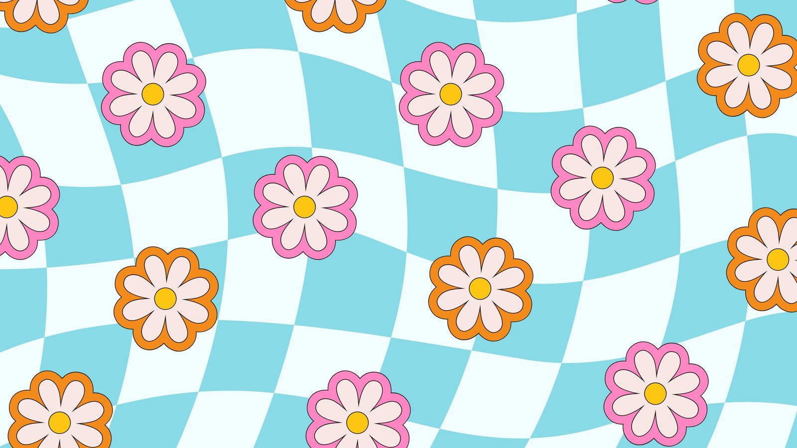 pink and orange daisies, wavy blue and white checkered background, Floral Hippie Aesthetic Laptop, HD Desktop Wallpaper