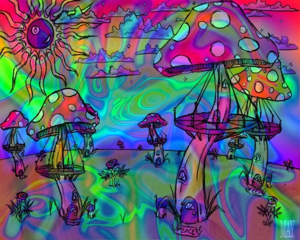 hippie aesthetic laptop, psychedelic landscape, giant rainbow mushrooms, SD Desktop Wallpaper