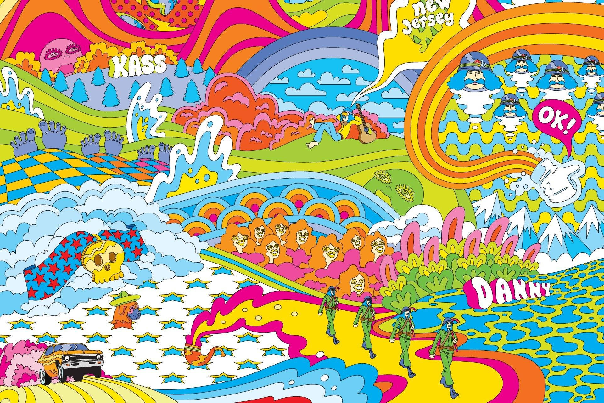psychedelic landscape, rainbow hills, cartoon soldiers, Full HD Desktop Wallpaper