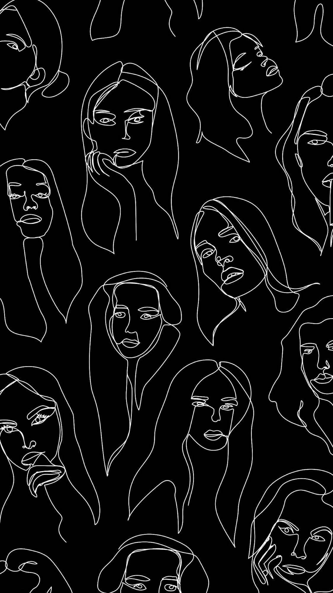 black and white pattern, women's faces, minimalist white line art, Full HD Phone Wallpaper