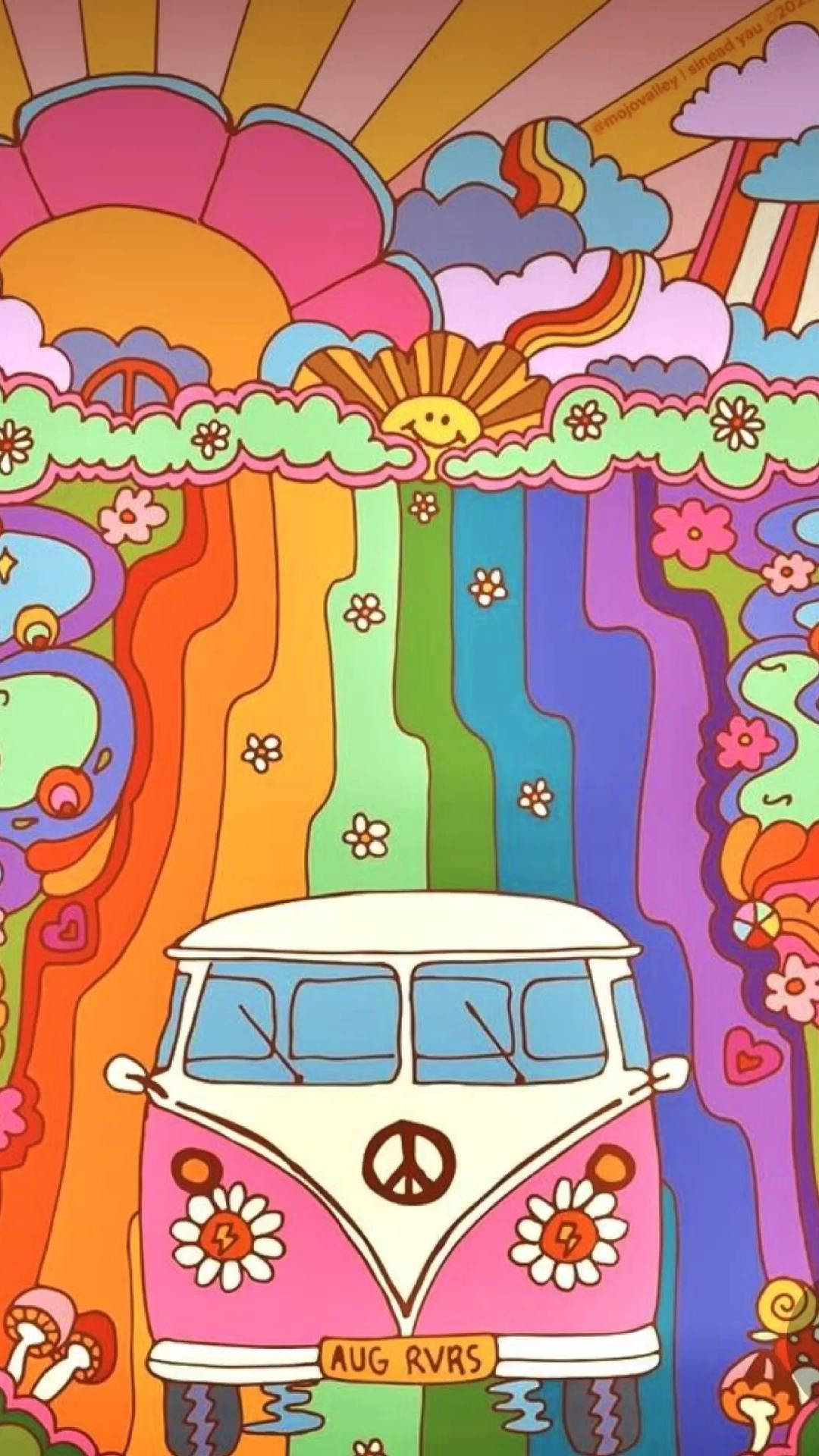 psychedelic VW bus, peace symbol, flowers, Full HD Phone Wallpaper