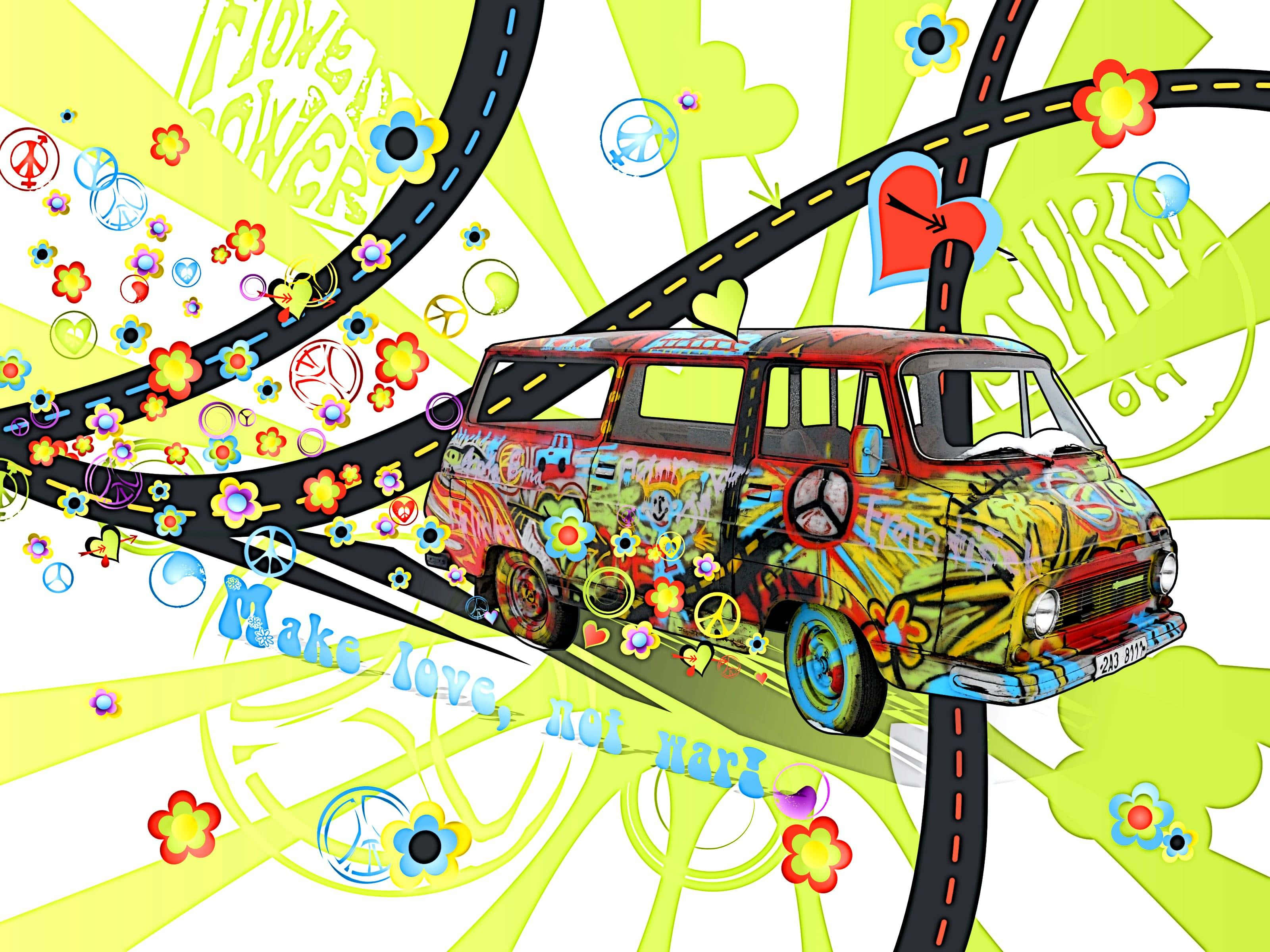 vintage hippie, psychedelic van, flowers, 2K Desktop Wallpaper