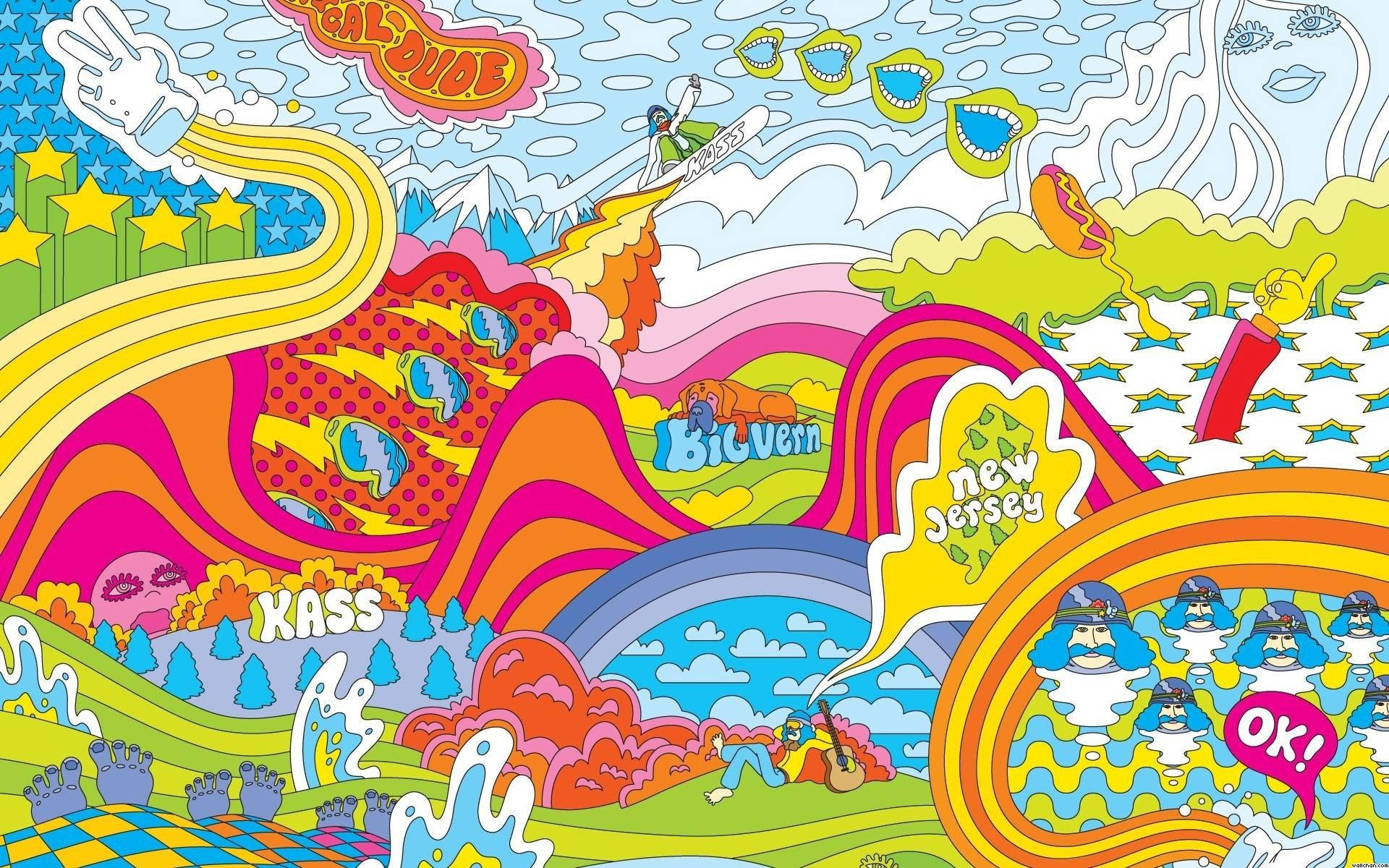 psychedelic cartoon landscape, rainbow hills, floating text, Full HD Desktop Wallpaper