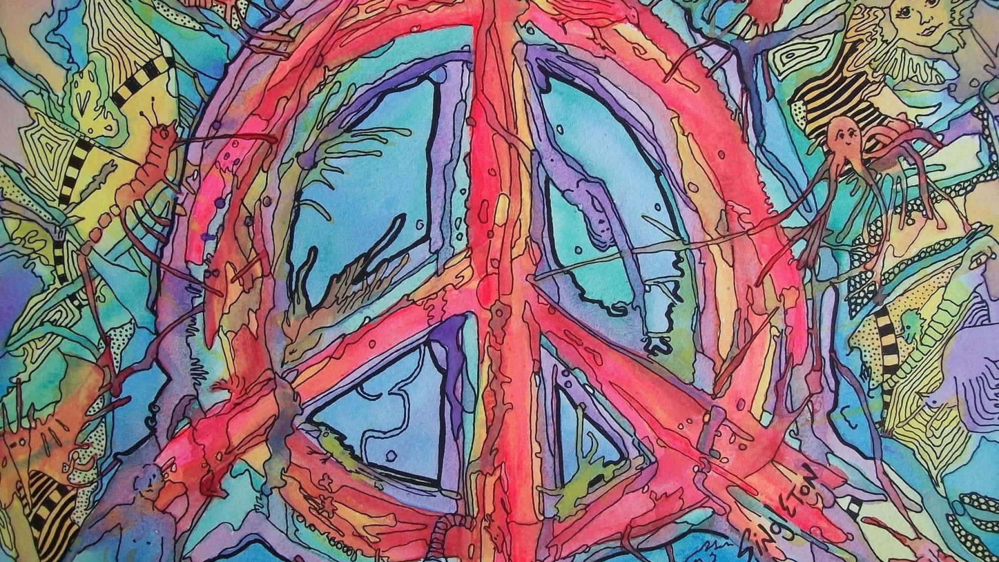peace sign, vintage hippie aesthetic, psychedelic illustration, Full HD Desktop Wallpaper