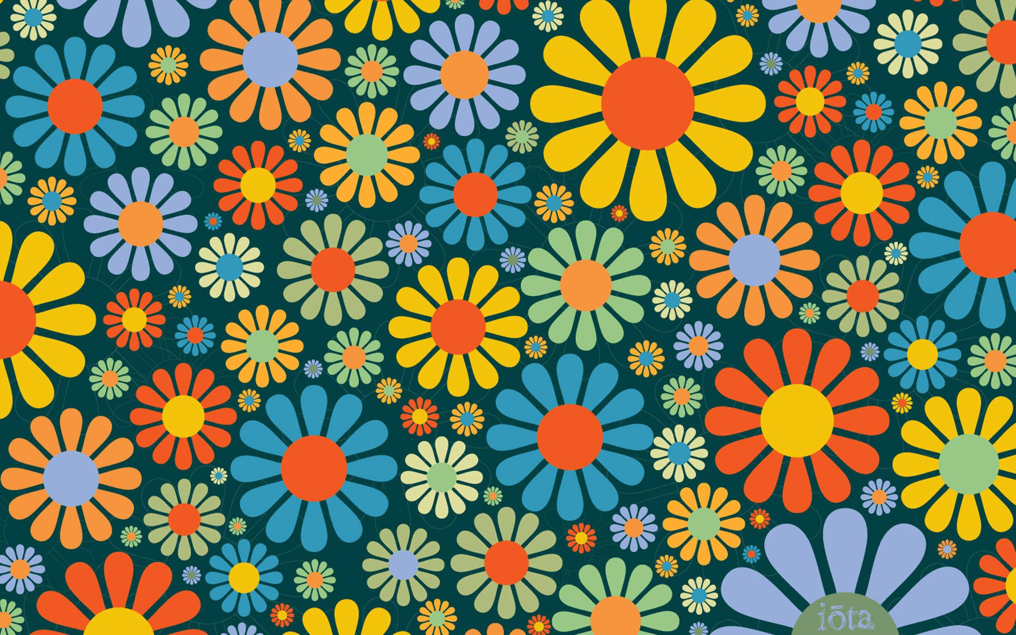 Hippie Flower, retro-style daisies, orange yellow blue and green, Full HD Desktop Wallpaper