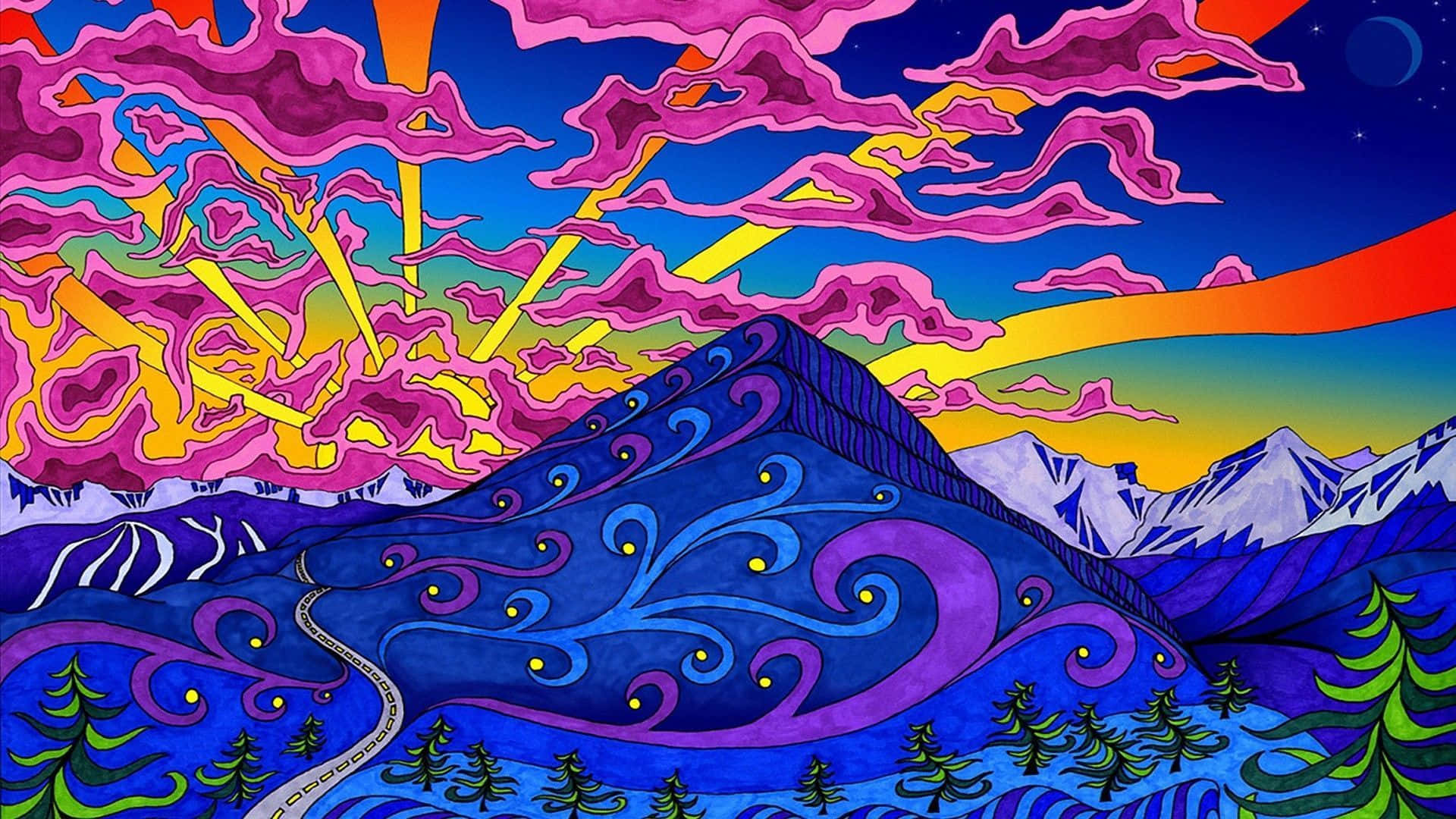 vintage hippie aesthetic, psychedelic mountain landscape, swirling purple clouds, Full HD Desktop Wallpaper