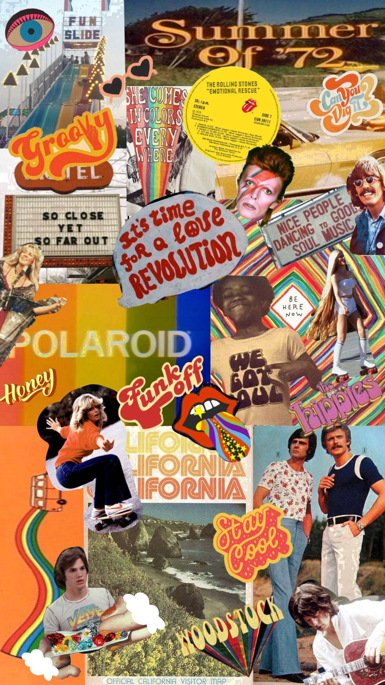 1970s retro, psychedelic graphics, iconic musicians, Full HD Phone Wallpaper