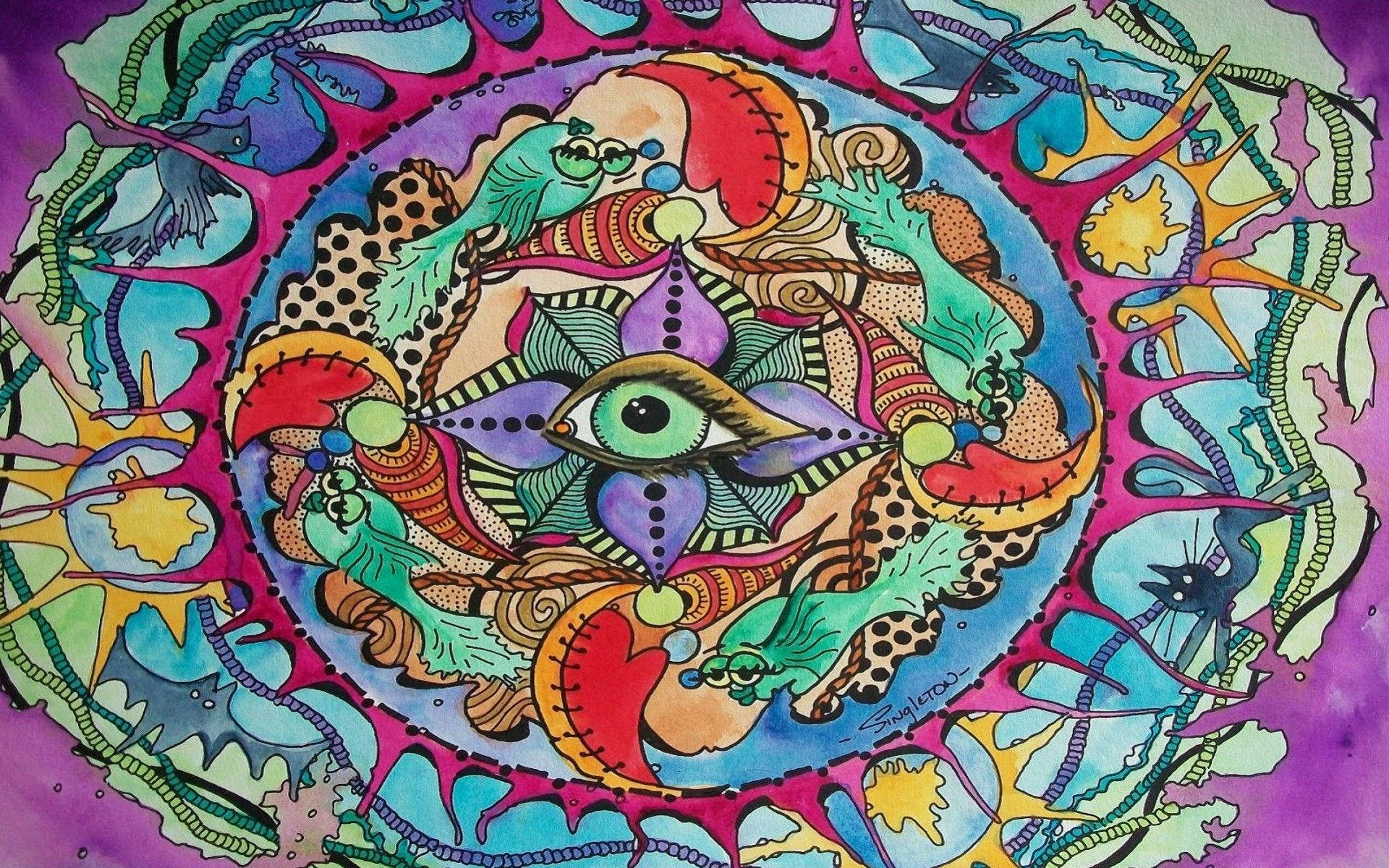 Hippie Eye, fish illustration, psychedelic illustration, Full HD Desktop Wallpaper