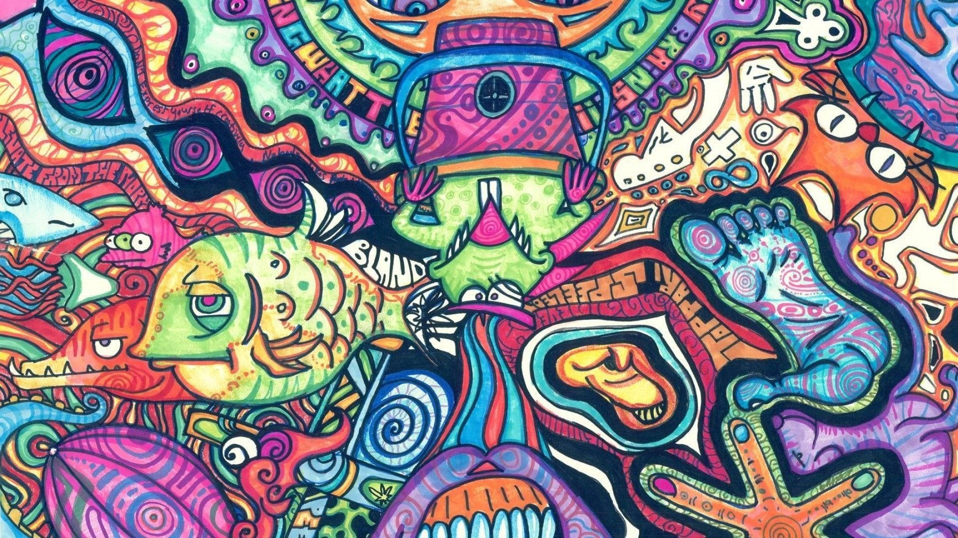 Hippie, pastel coloured, cartoon characters, Full HD Desktop Wallpaper
