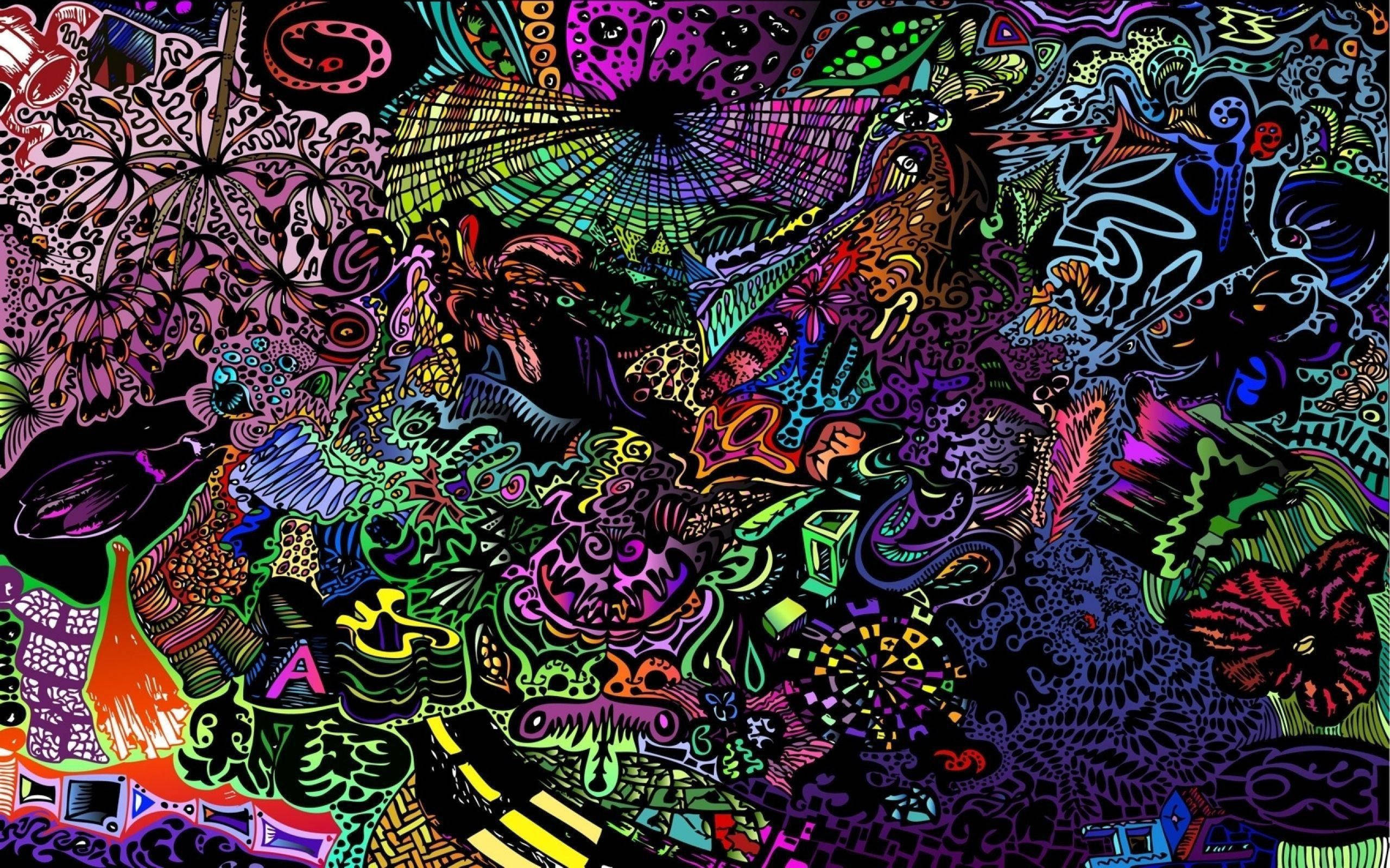 Hippie, neon hues, psychedelic illustration, 2K Desktop Wallpaper