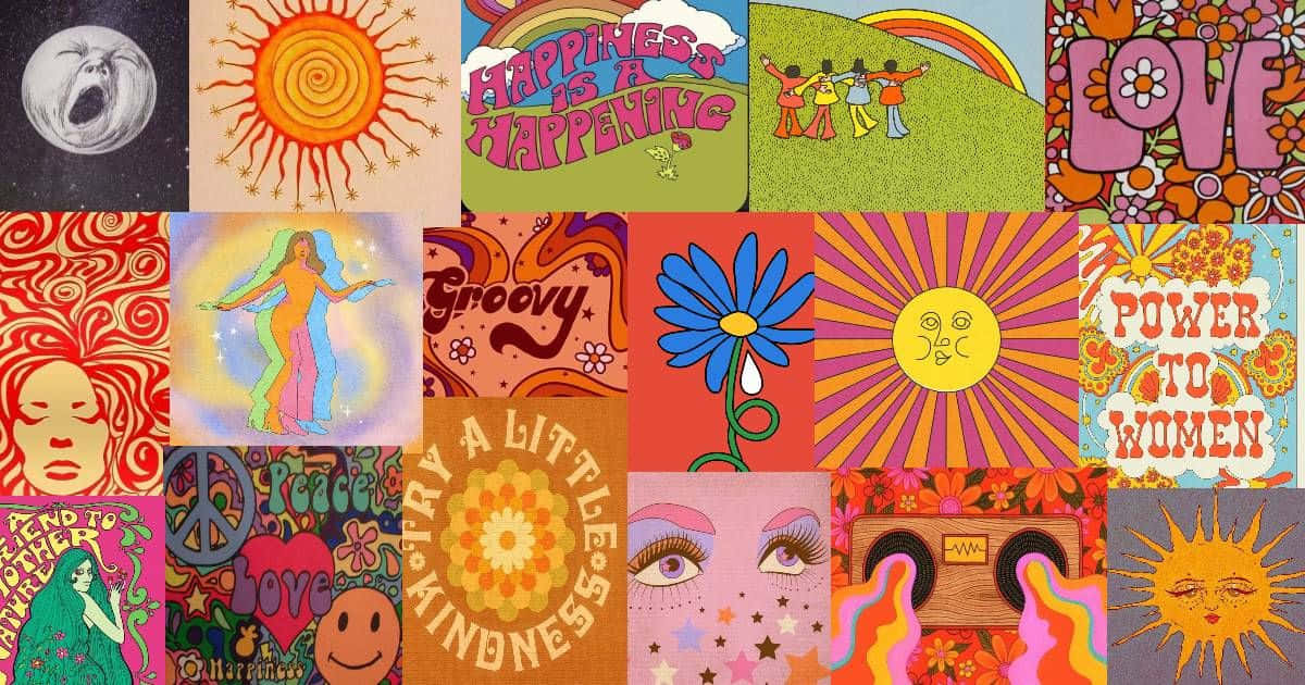 1960s counterculture, psychedelic collage, suns, SD Desktop Wallpaper