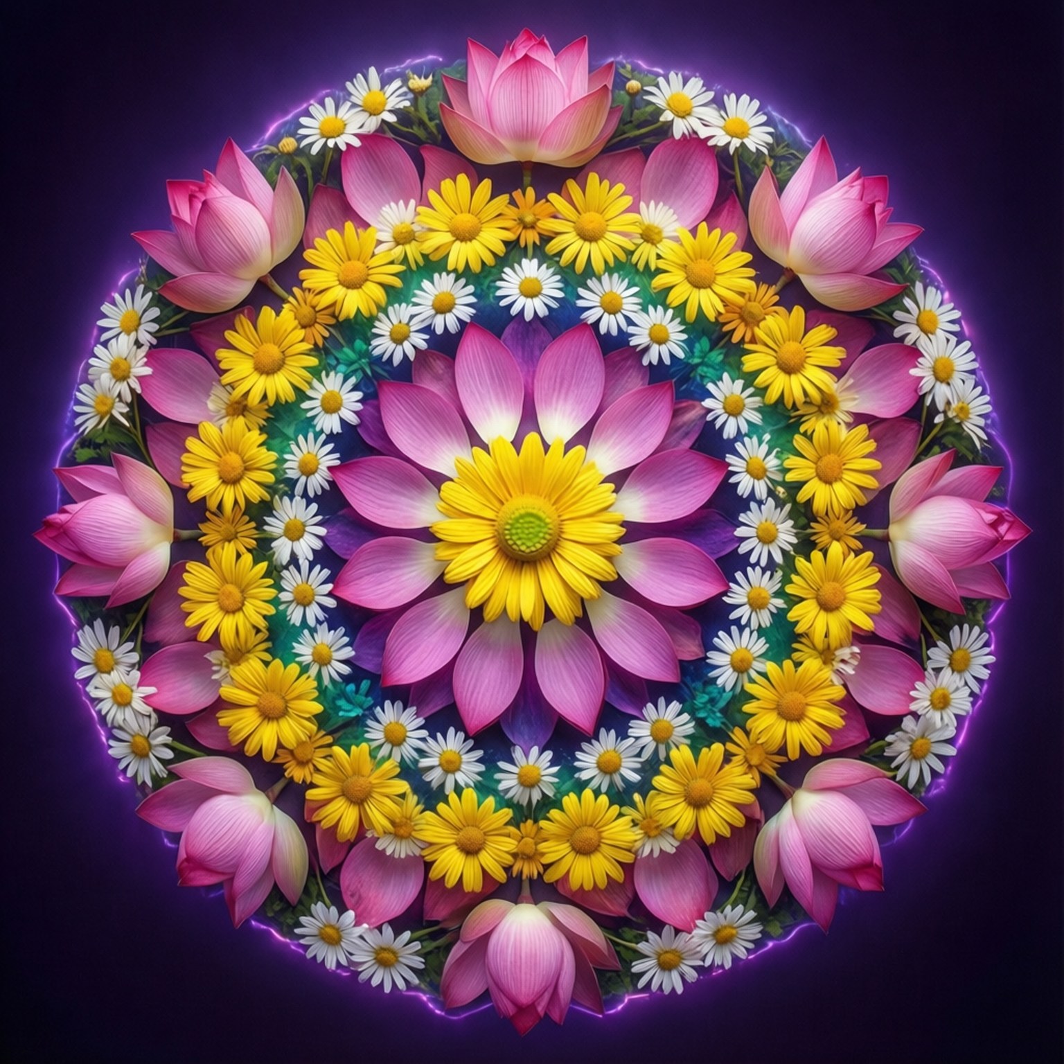 rainbow daisy mandala, pink lotuses, yellow daisies, HD Desktop Wallpaper