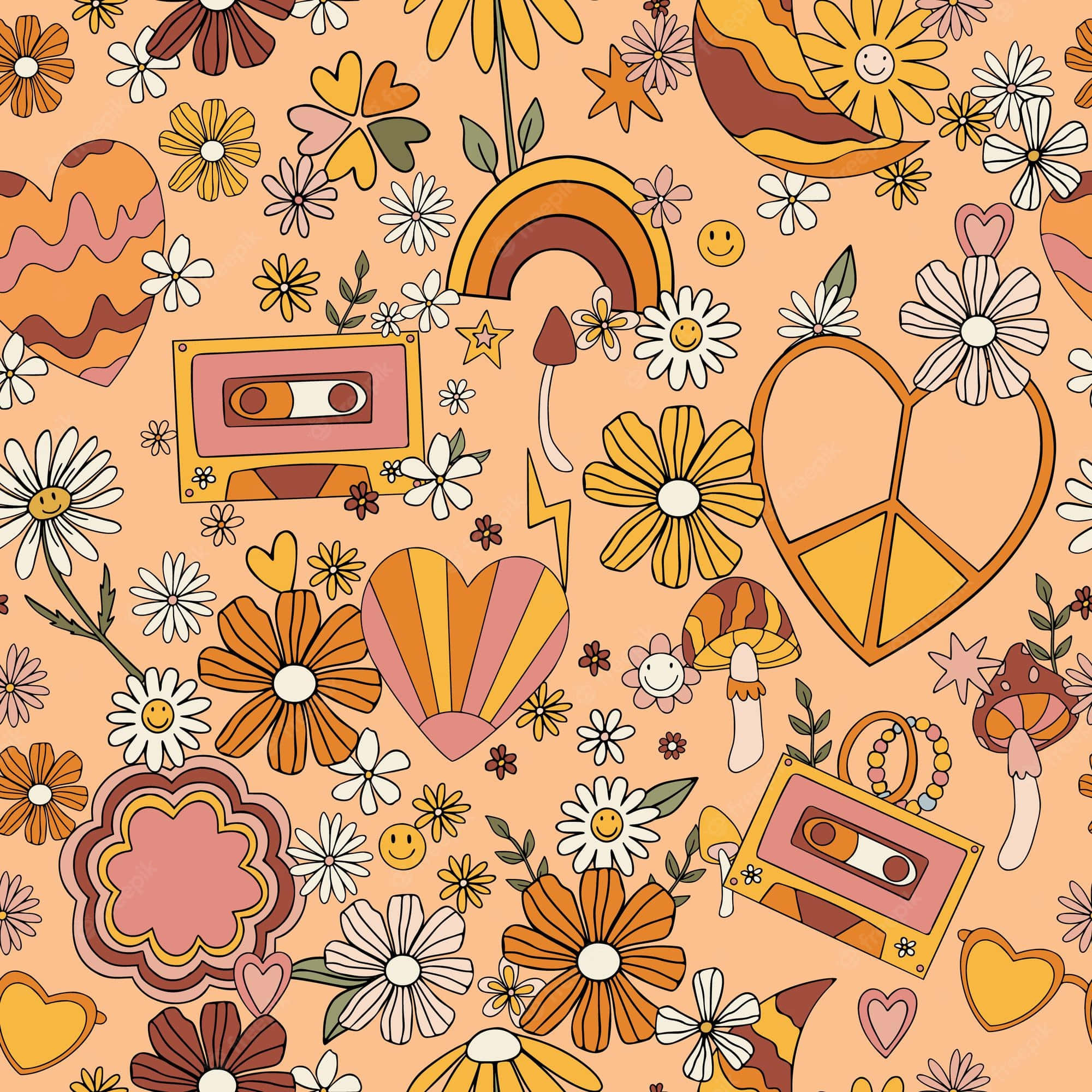 brown heart, flowers, vintage hippie aesthetic, Full HD Desktop Wallpaper