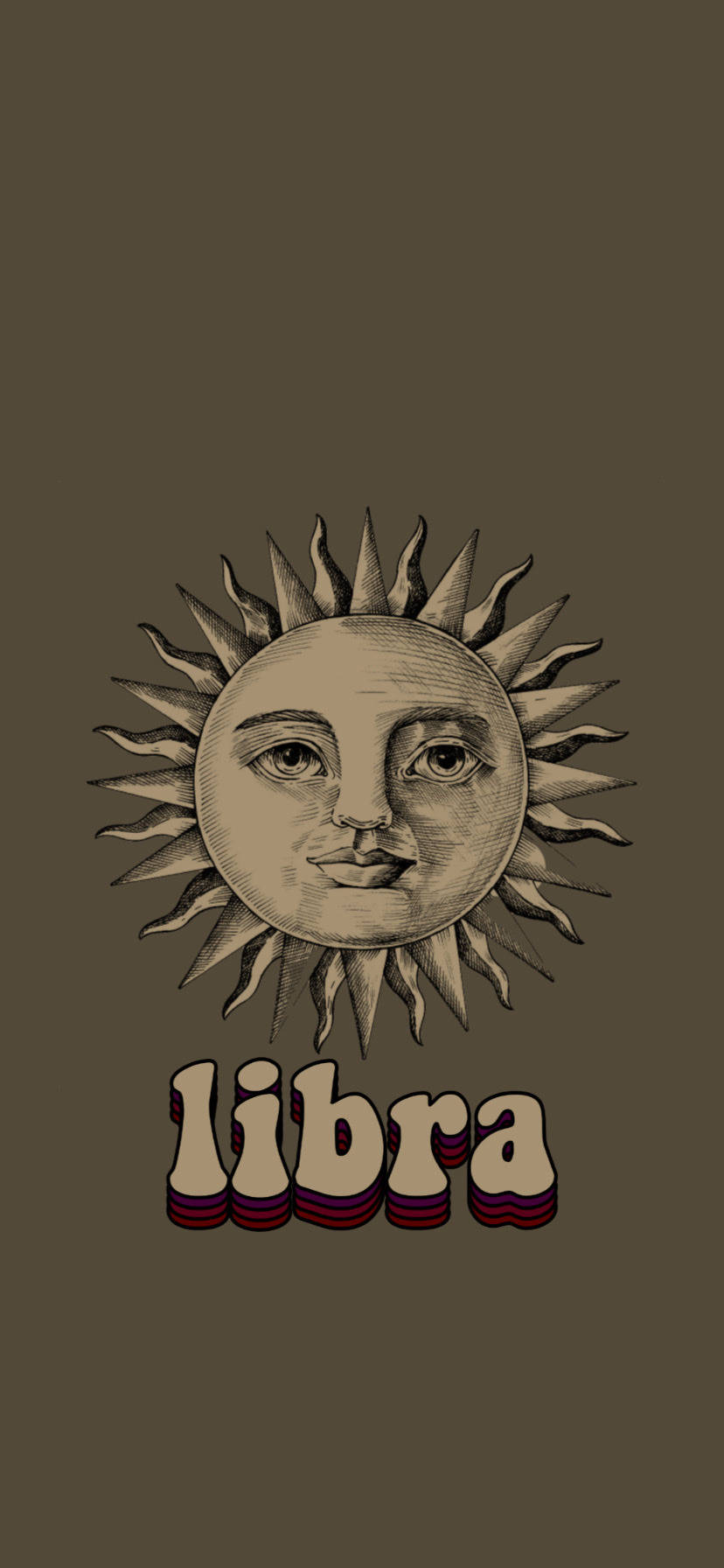 Libra Sun, muted brown background, vintage illustrated sun, HD Phone Wallpaper