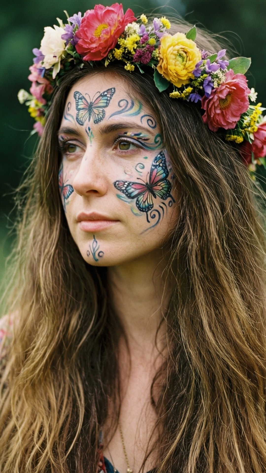 flower crown, butterfly face paint, long brown hair, Full HD Phone Wallpaper